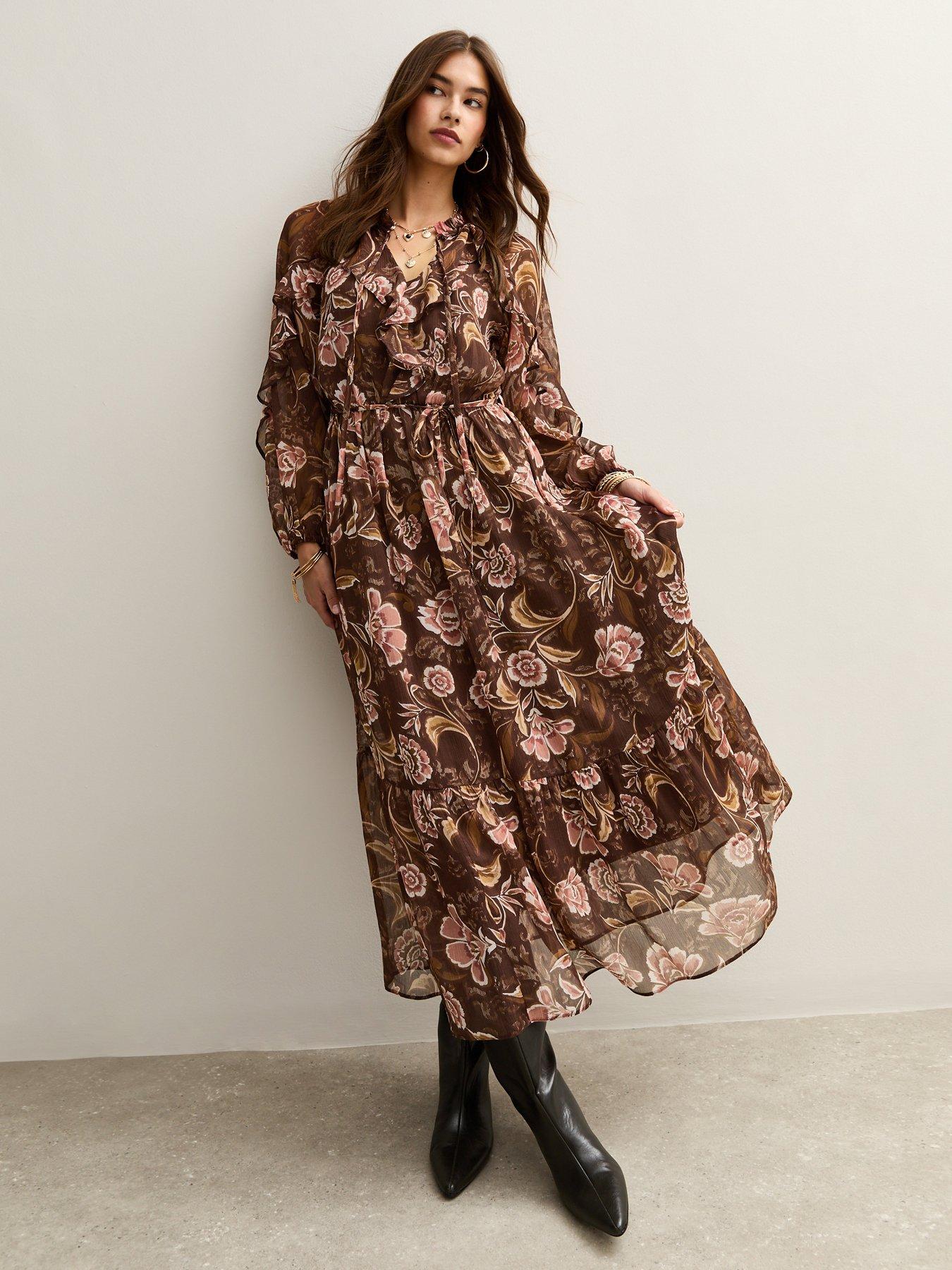 New Look Floral Print Ruffled Chiffon Midi Dress - Brown
