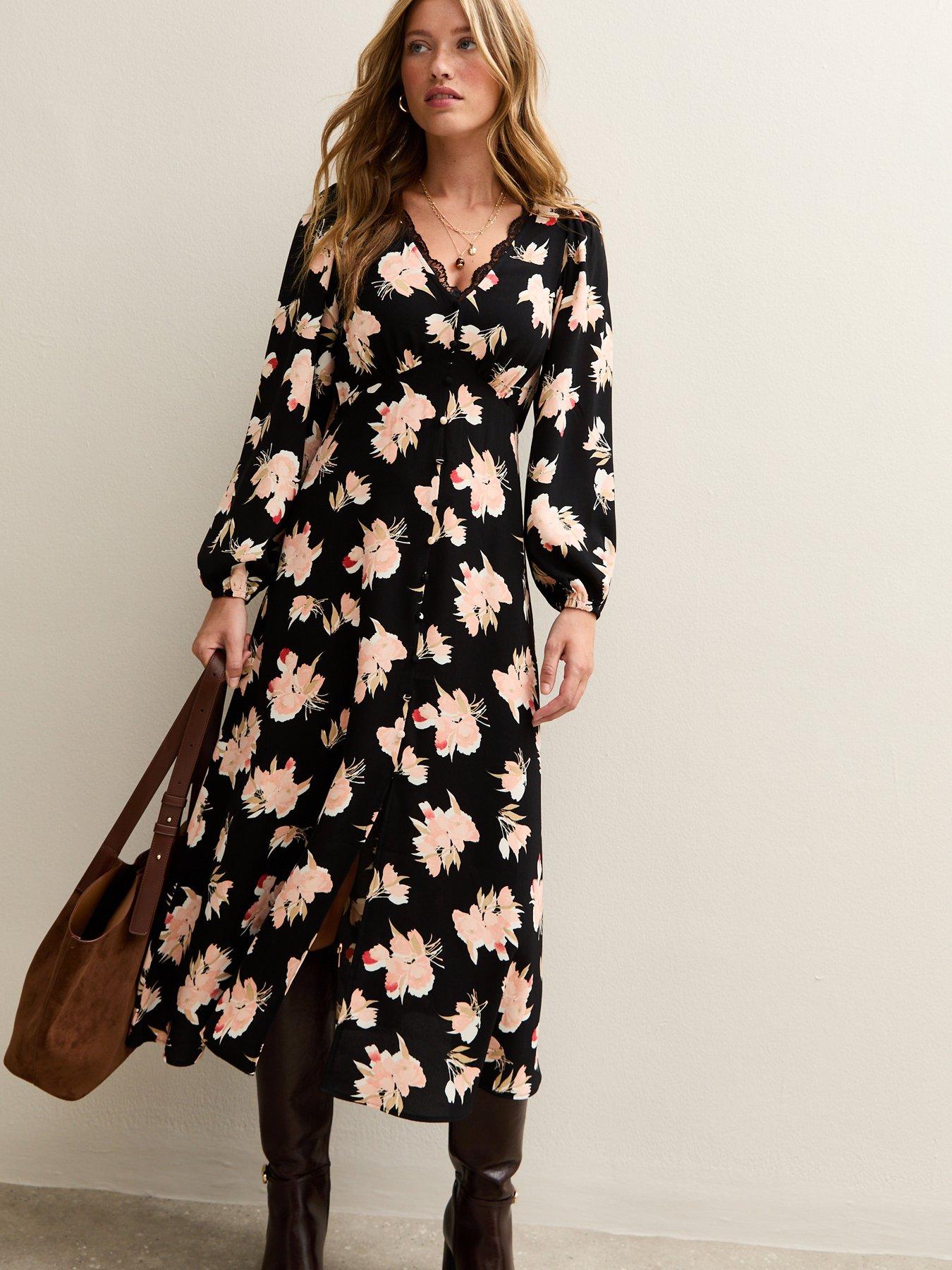 New Look Black Floral Print Lace Trimmed Midi Dress