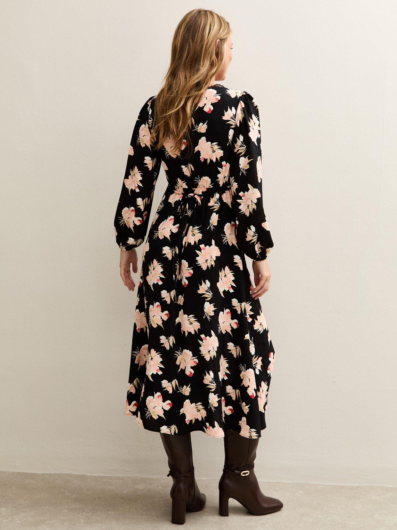 Image 2 of 5 of New Look Lace Trimmed Midi Dress - Black