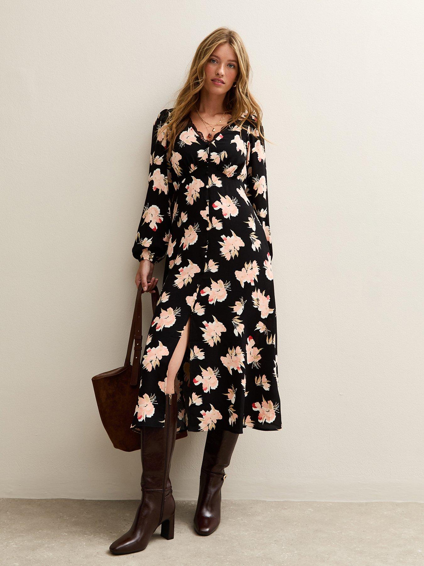 Image 3 of 5 of New Look Lace Trimmed Midi Dress - Black