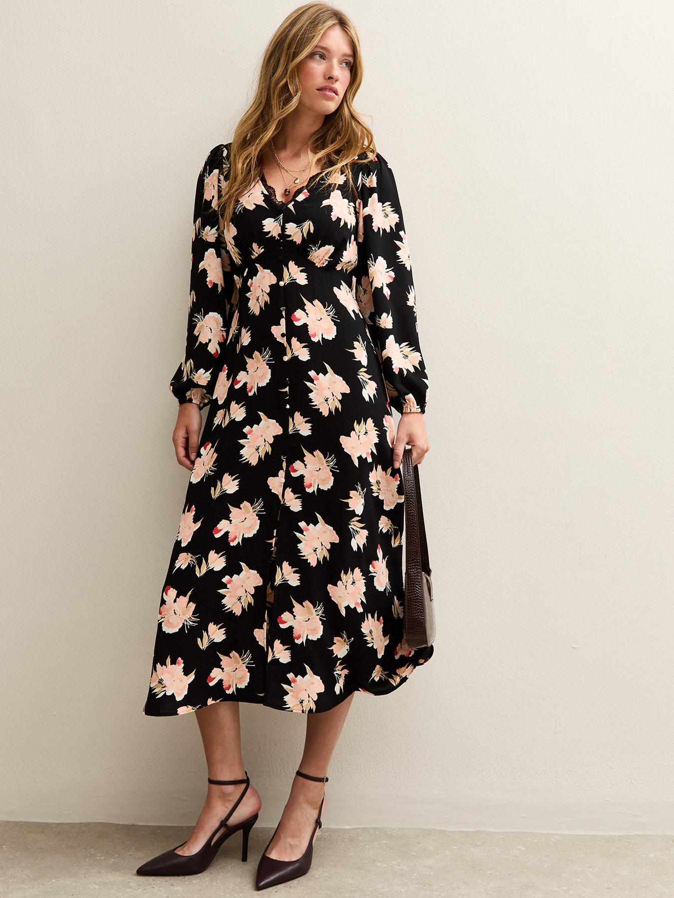 Image 5 of 5 of New Look Lace Trimmed Midi Dress - Black