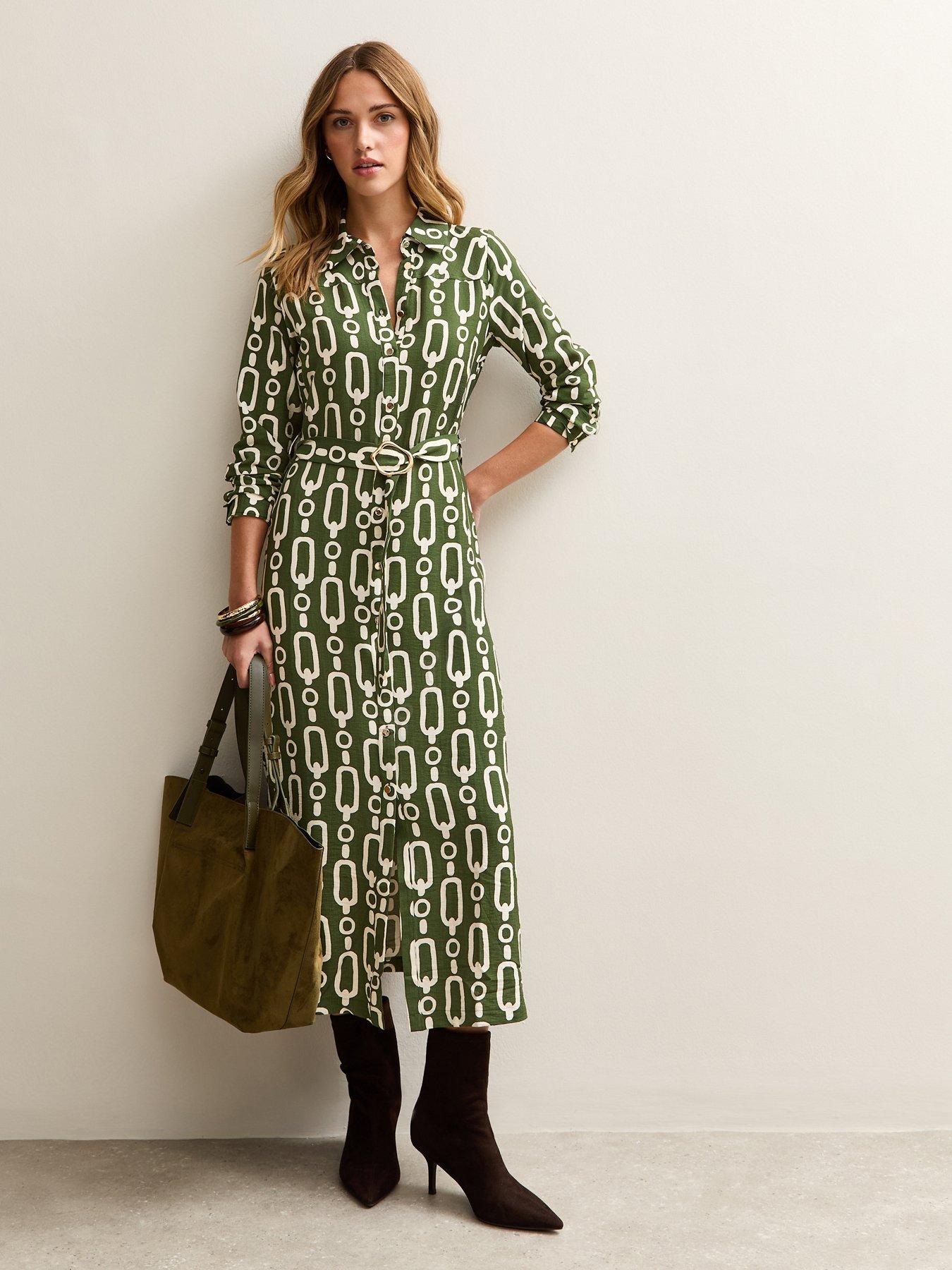  image of new-look-green-graphic-print-midi-shirt-dress