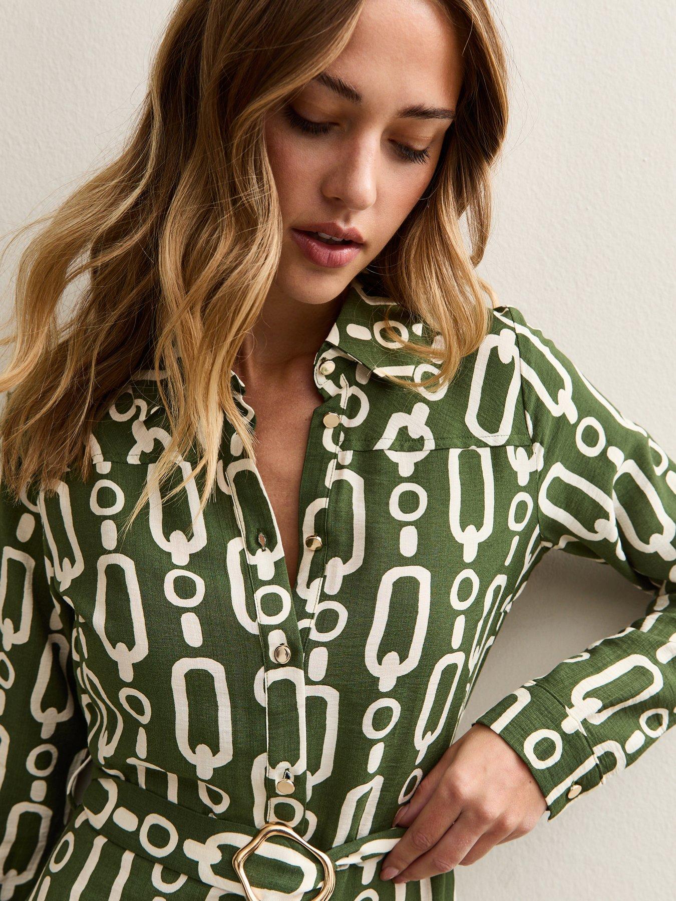  image of new-look-green-graphic-print-midi-shirt-dress