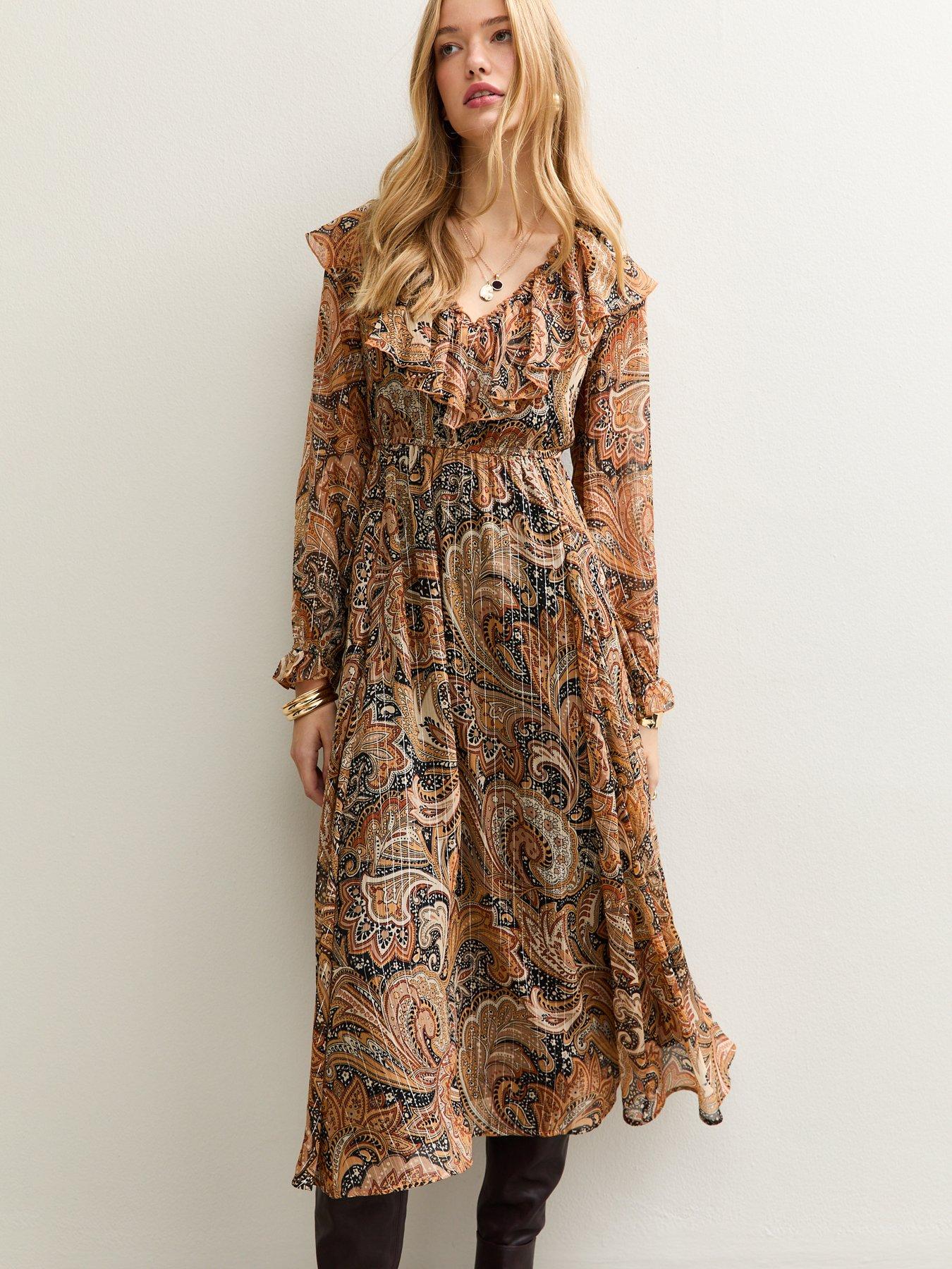 Image 1 of 5 of New Look Paisley Print Chiffon Long Sleeve Midi Dress - Brown