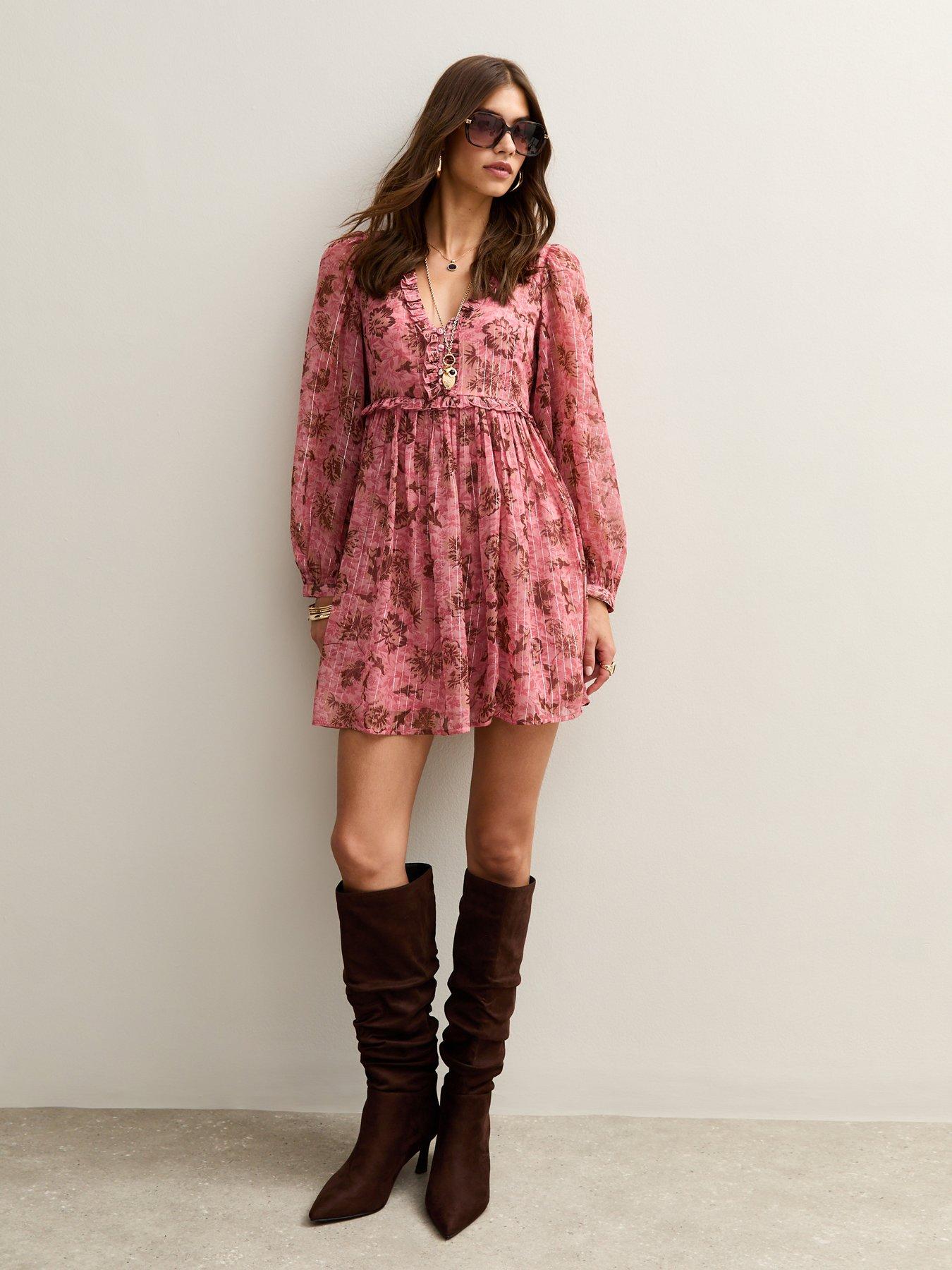 New Look Floral Print Chiffon Long Sleeve Mini Dress - Pink