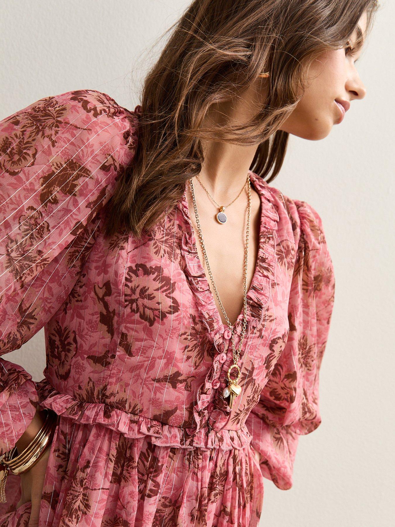 Image 4 of 5 of New Look Floral Print Chiffon Long Sleeve Mini Dress - Pink