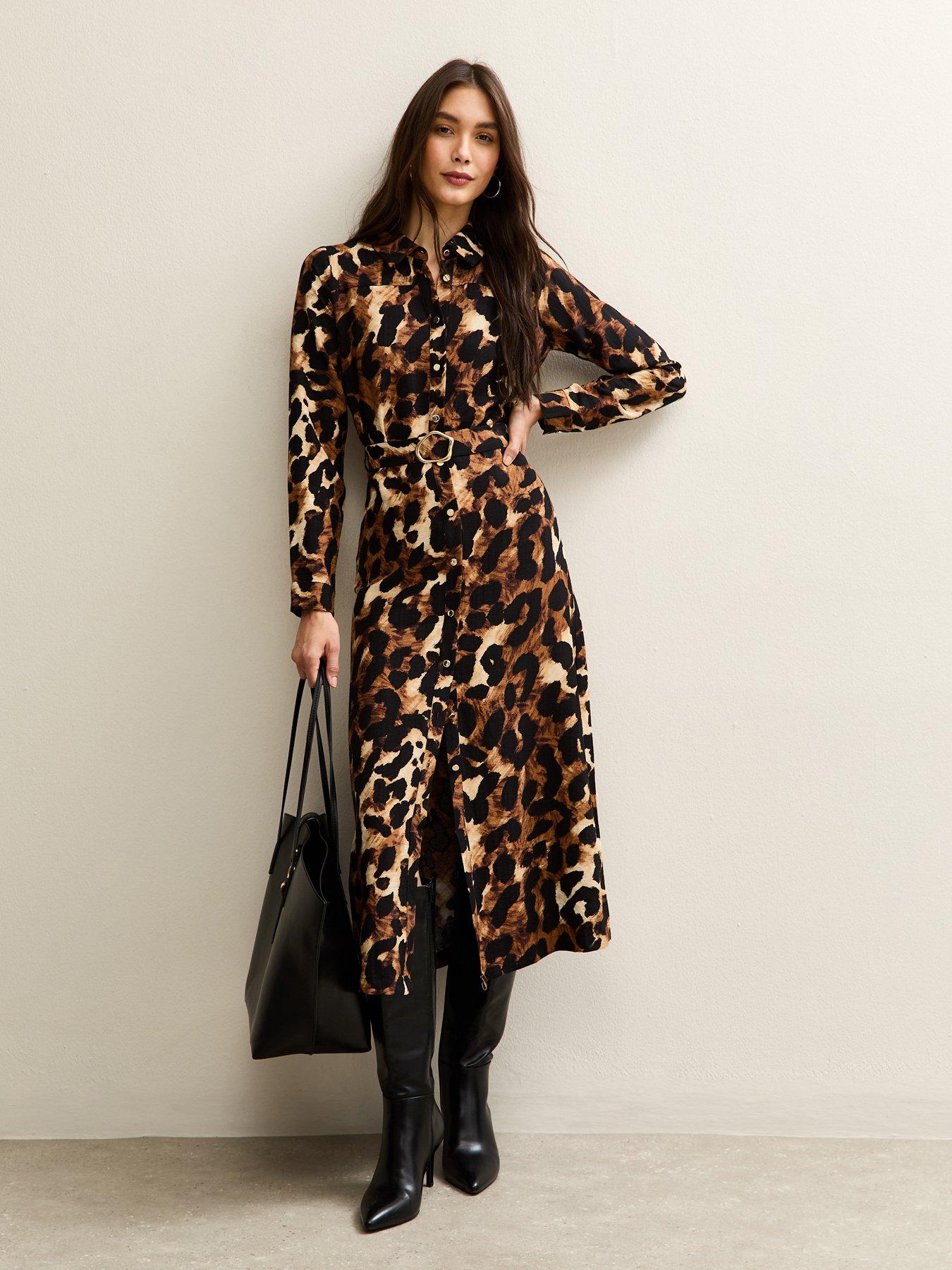 Image 1 of 5 of New Look Brown Leopard Print Long Sleeve Shirt Dress