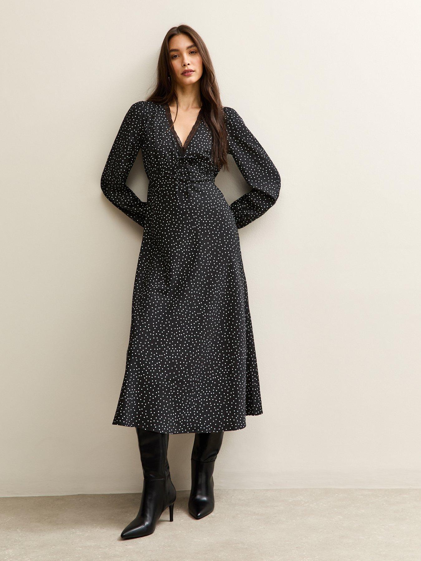 New Look Spot Print Lace Trimmed Midi Dress - Black