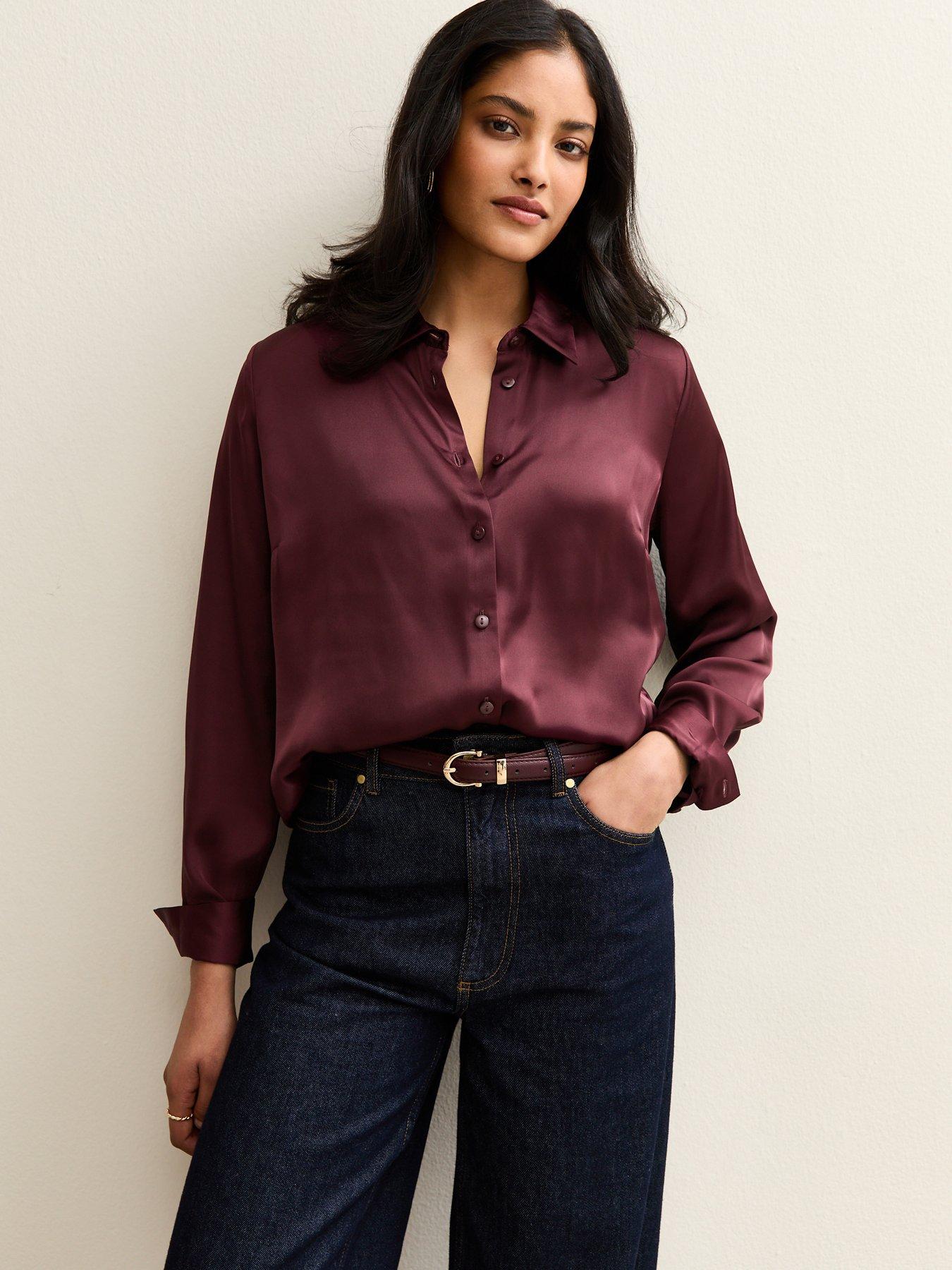  image of new-look-dark-burgundy-satin-long-sleeve-shirt