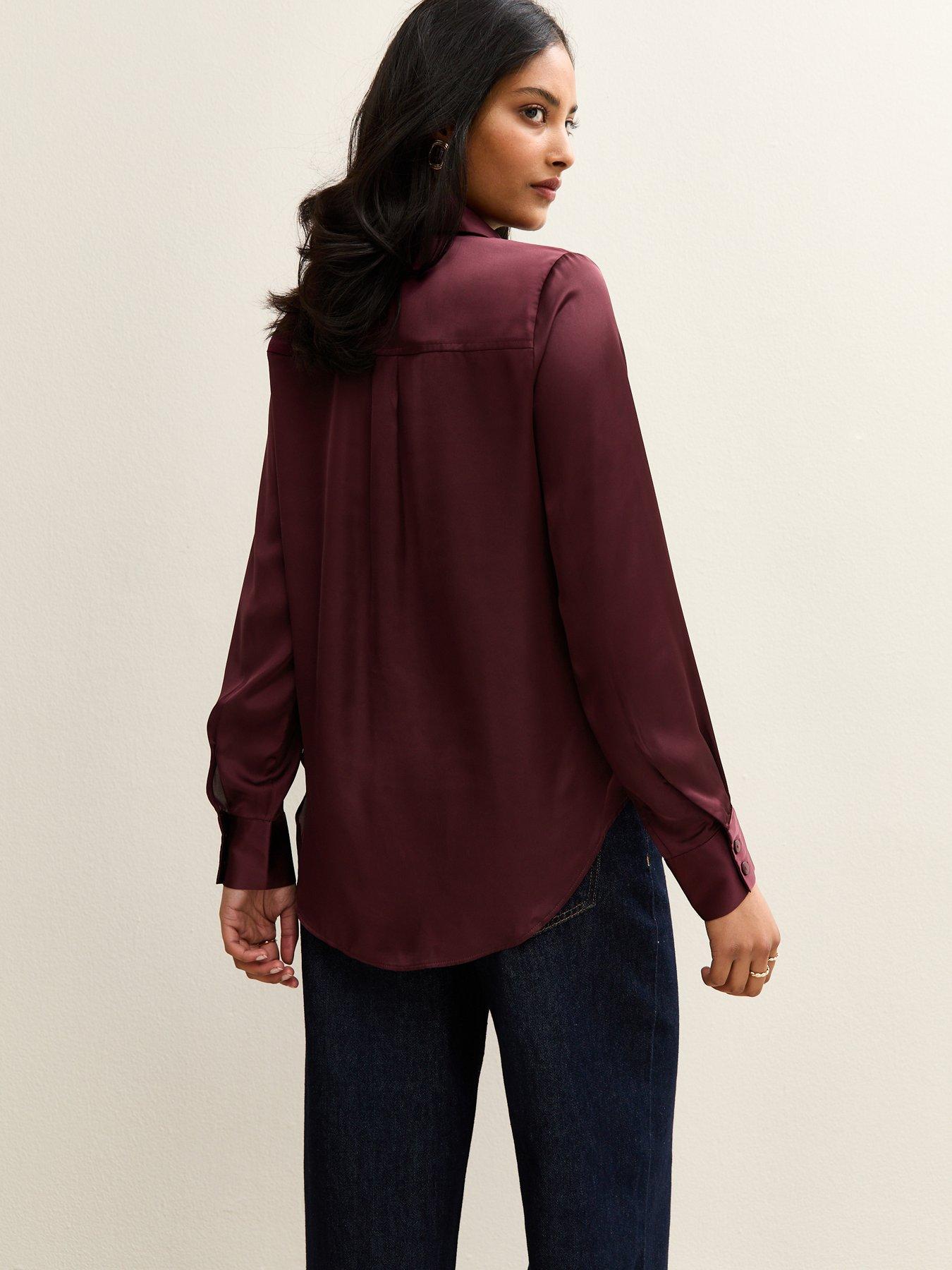  image of new-look-dark-burgundy-satin-long-sleeve-shirt