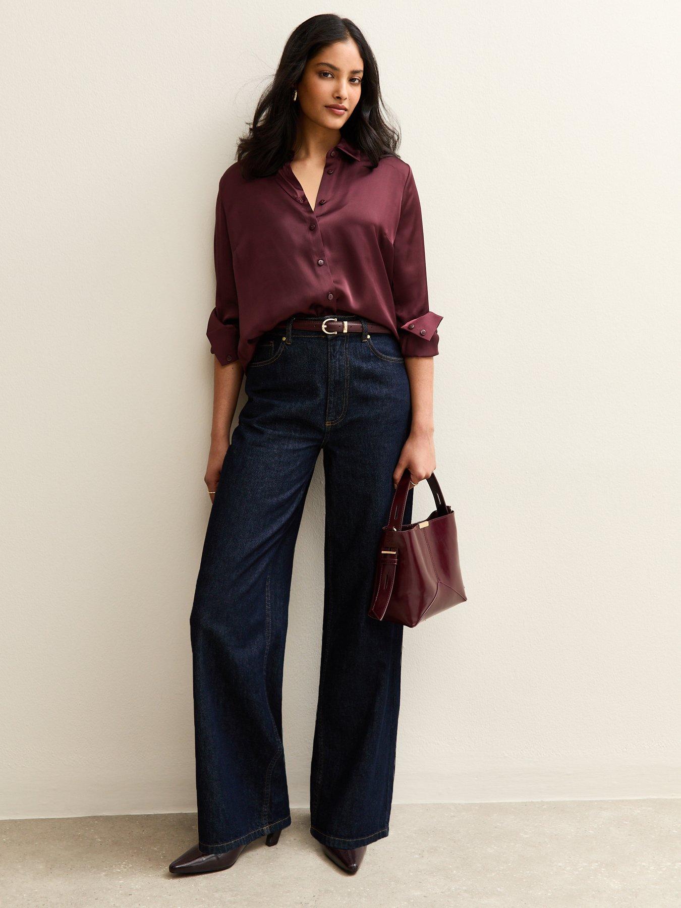  image of new-look-dark-burgundy-satin-long-sleeve-shirt