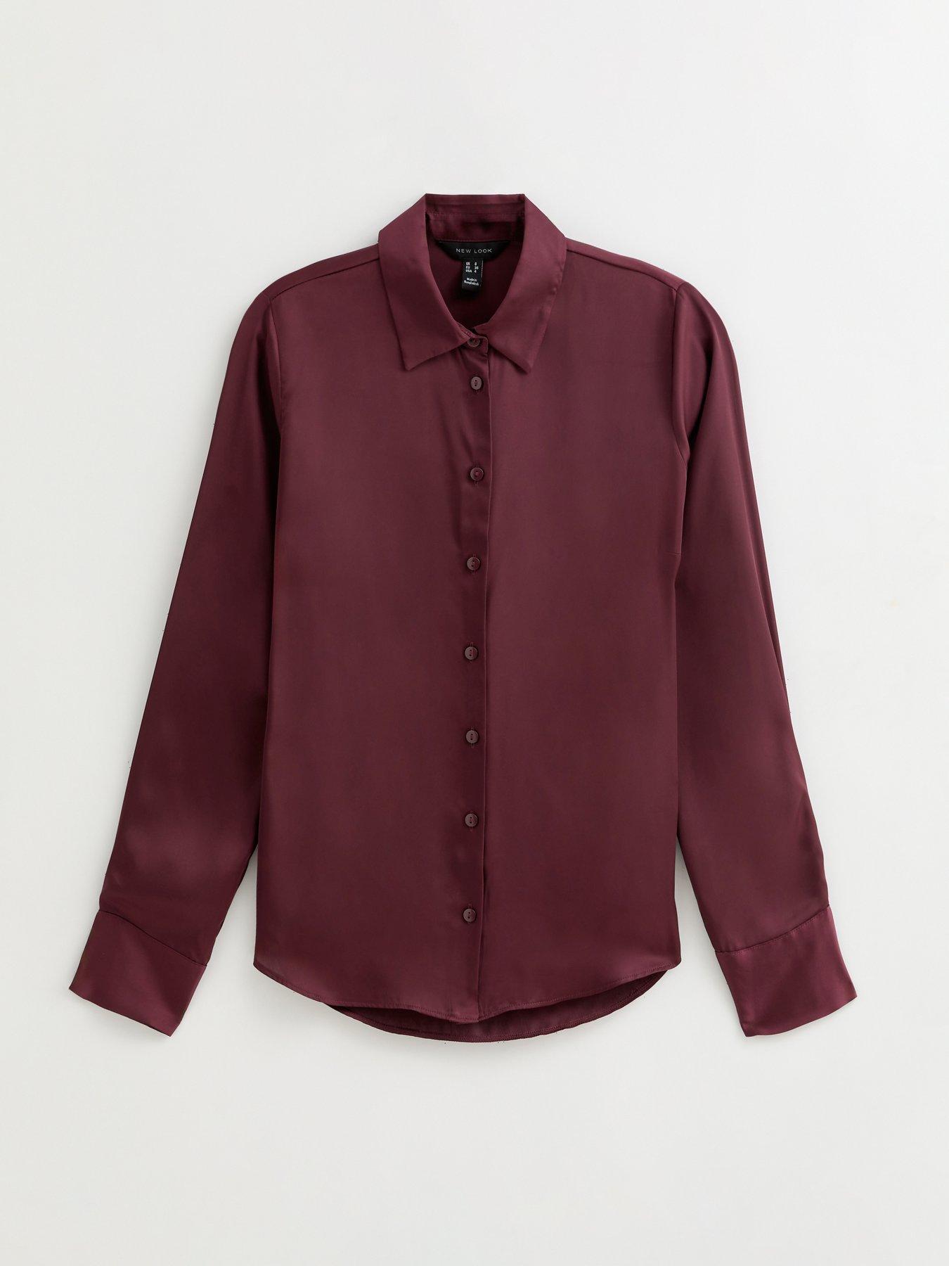  image of new-look-dark-burgundy-satin-long-sleeve-shirt