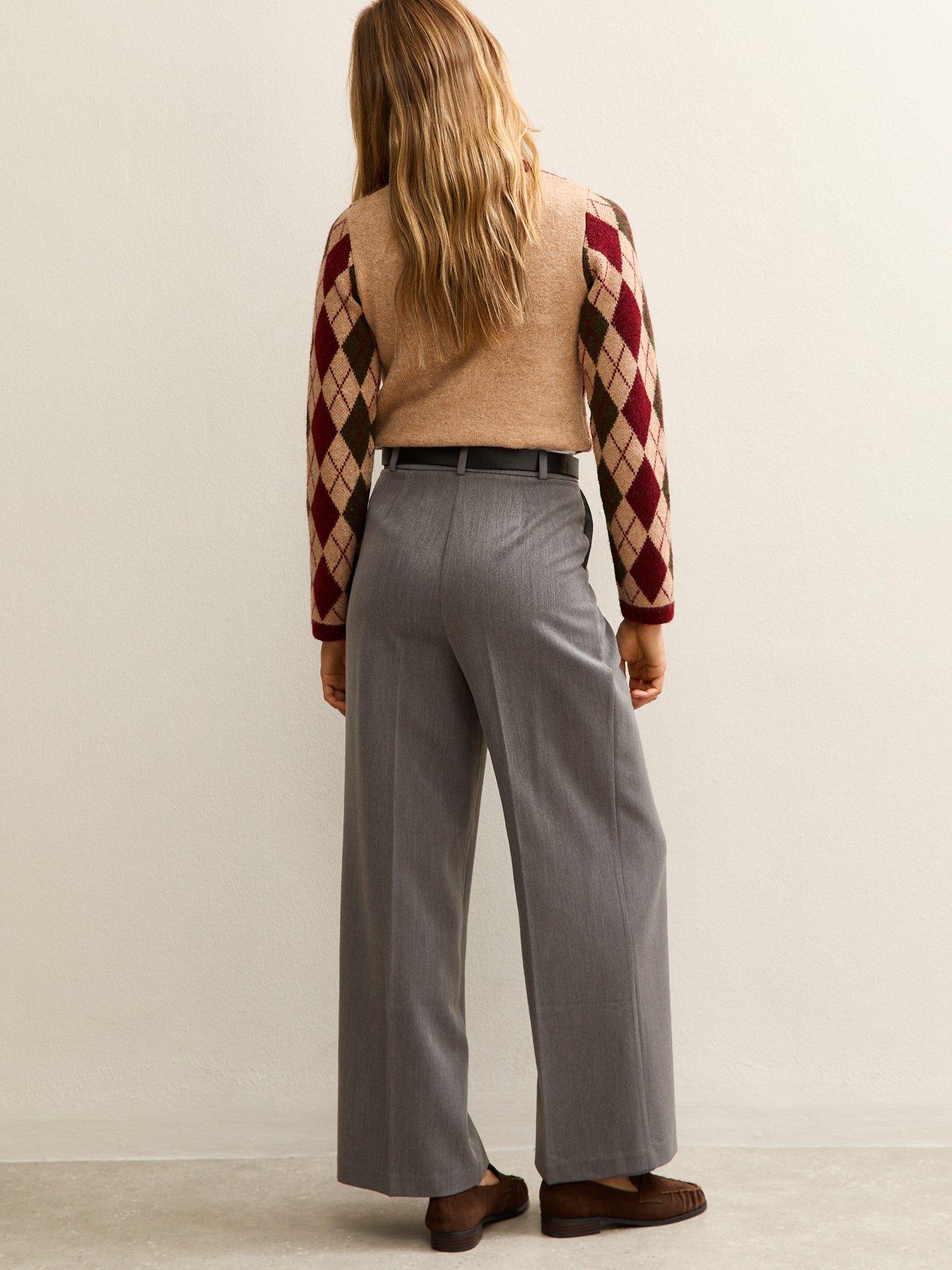  image of new-look-belted-wide-leg-tailored-trousers-grey