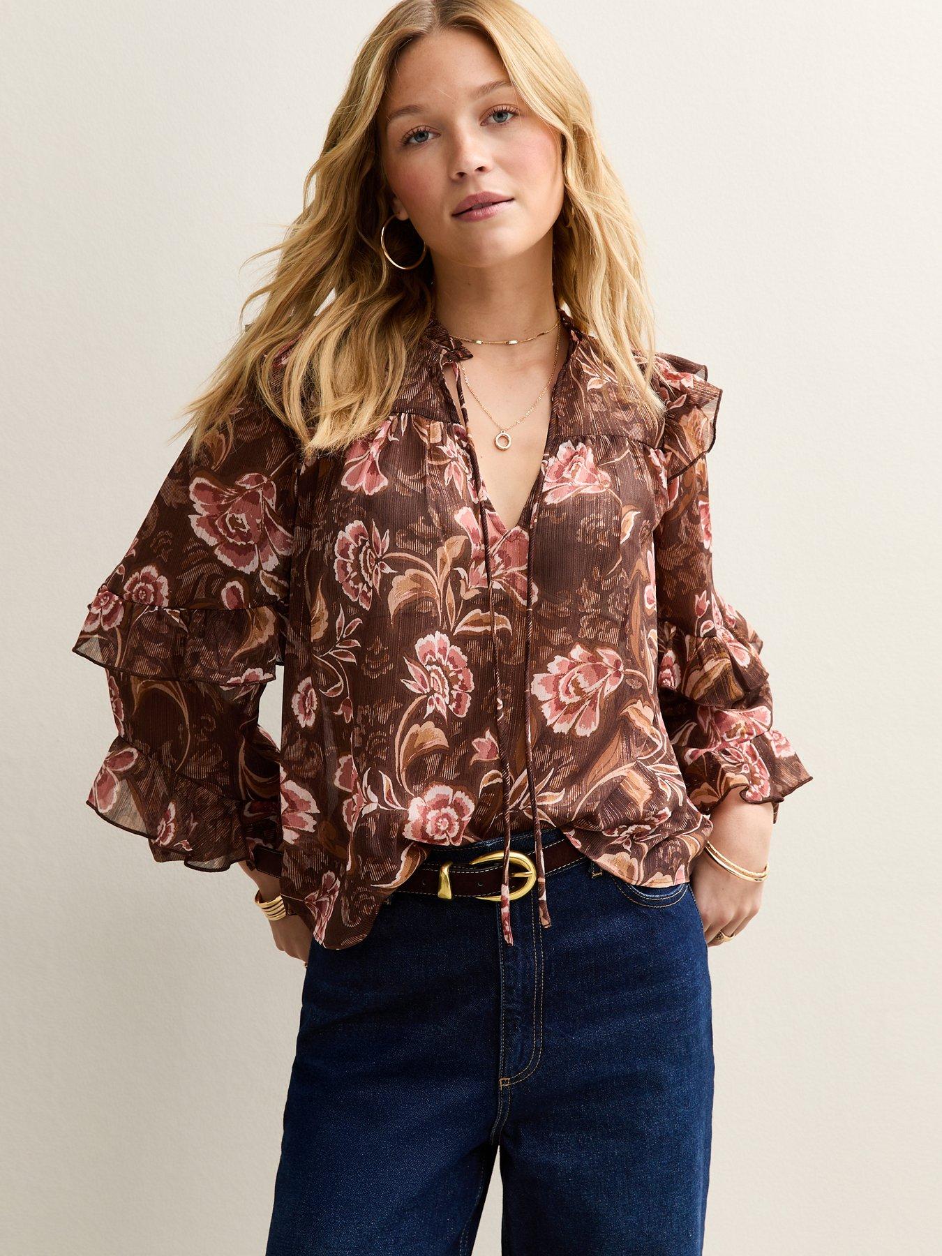 New Look Floral Frilly Flared Sleeve Blouse - Brown