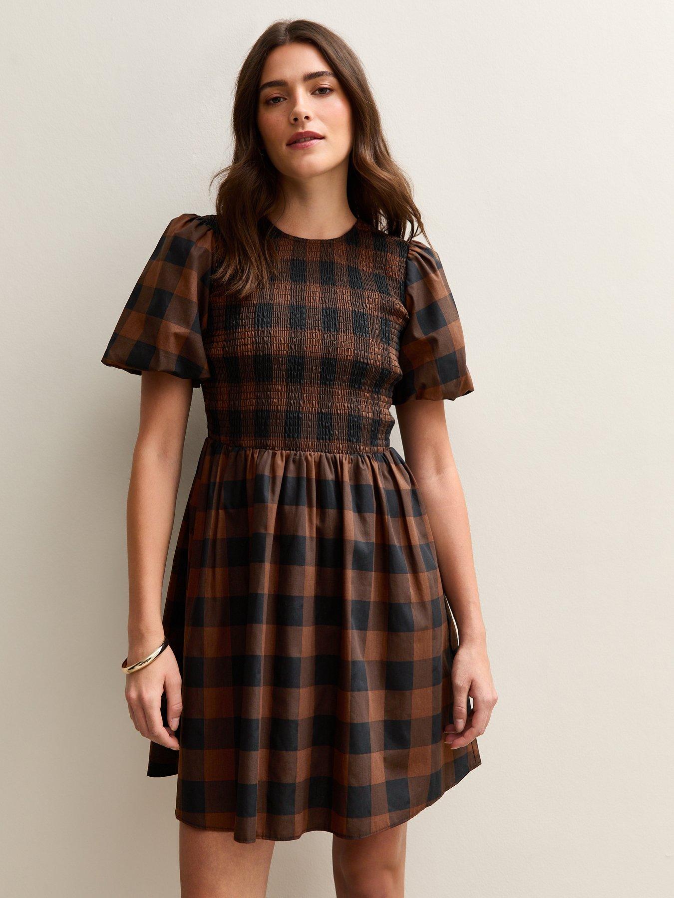 New Look Brown Check Shirred Bodice Mini Dress