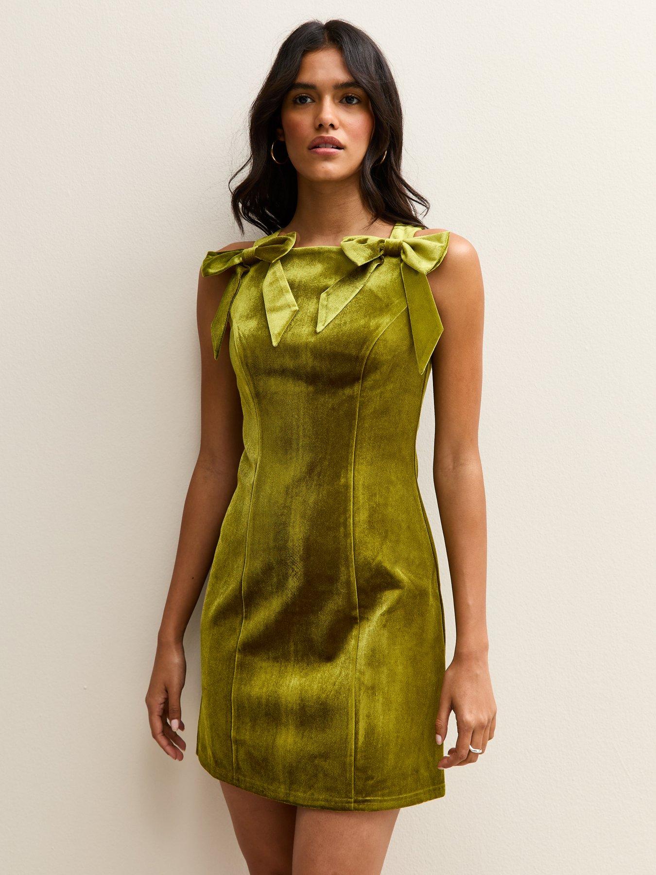  image of new-look-green-velvet-bow-applique-shift-mini-dress