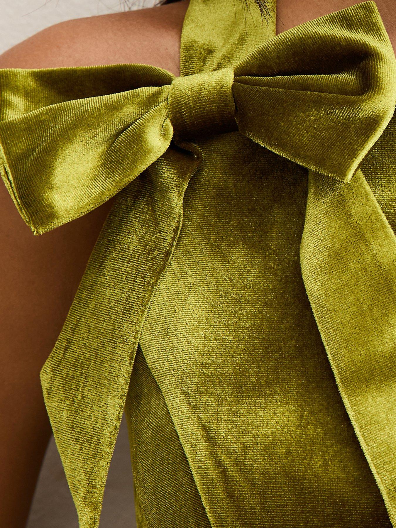  image of new-look-green-velvet-bow-applique-shift-mini-dress