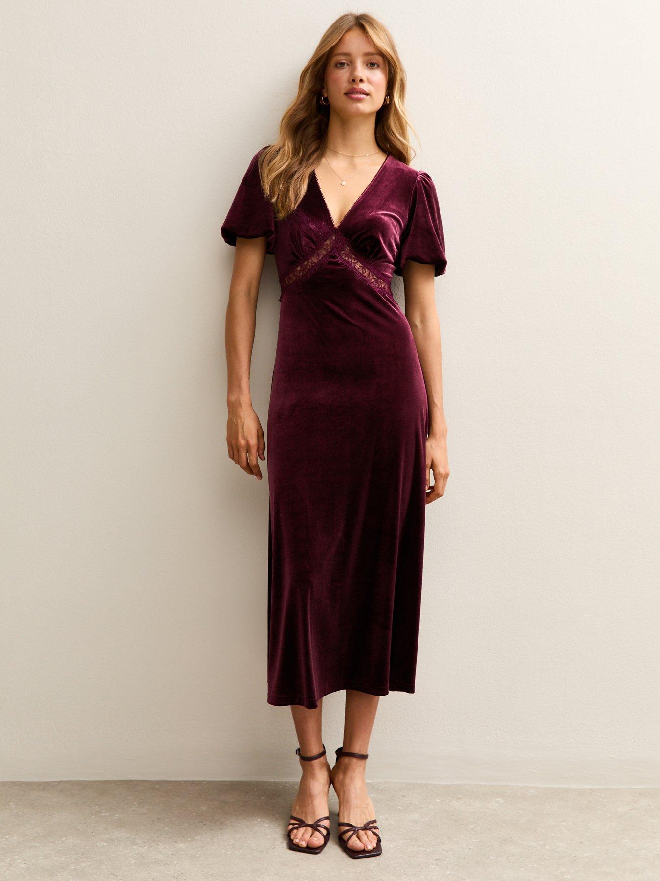 Image 1 of 5 of New Look Burgundy Velvet Lace Insert Midi Dress