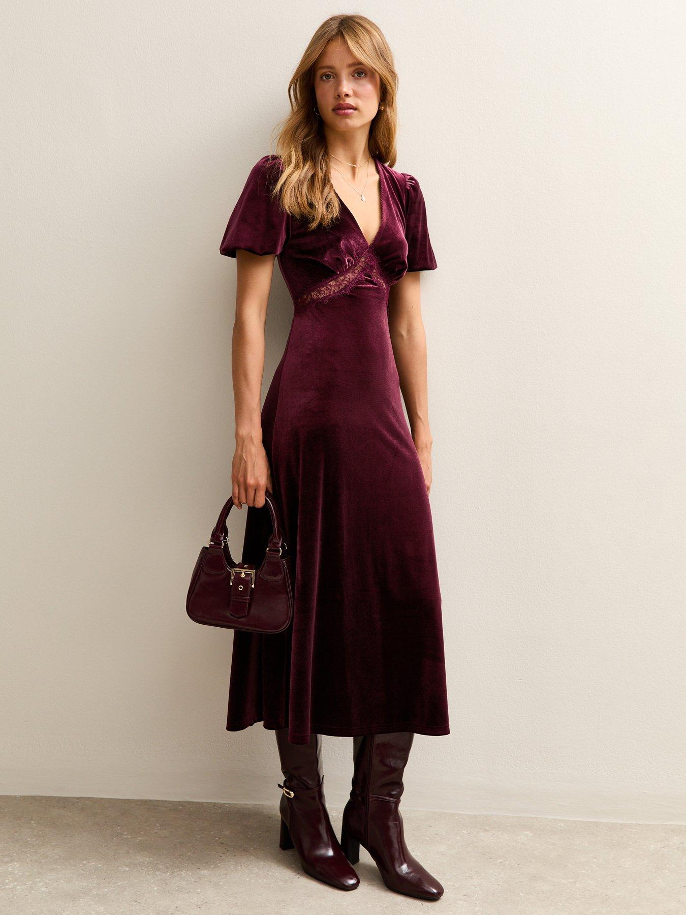 Image 3 of 5 of New Look Burgundy Velvet Lace Insert Midi Dress