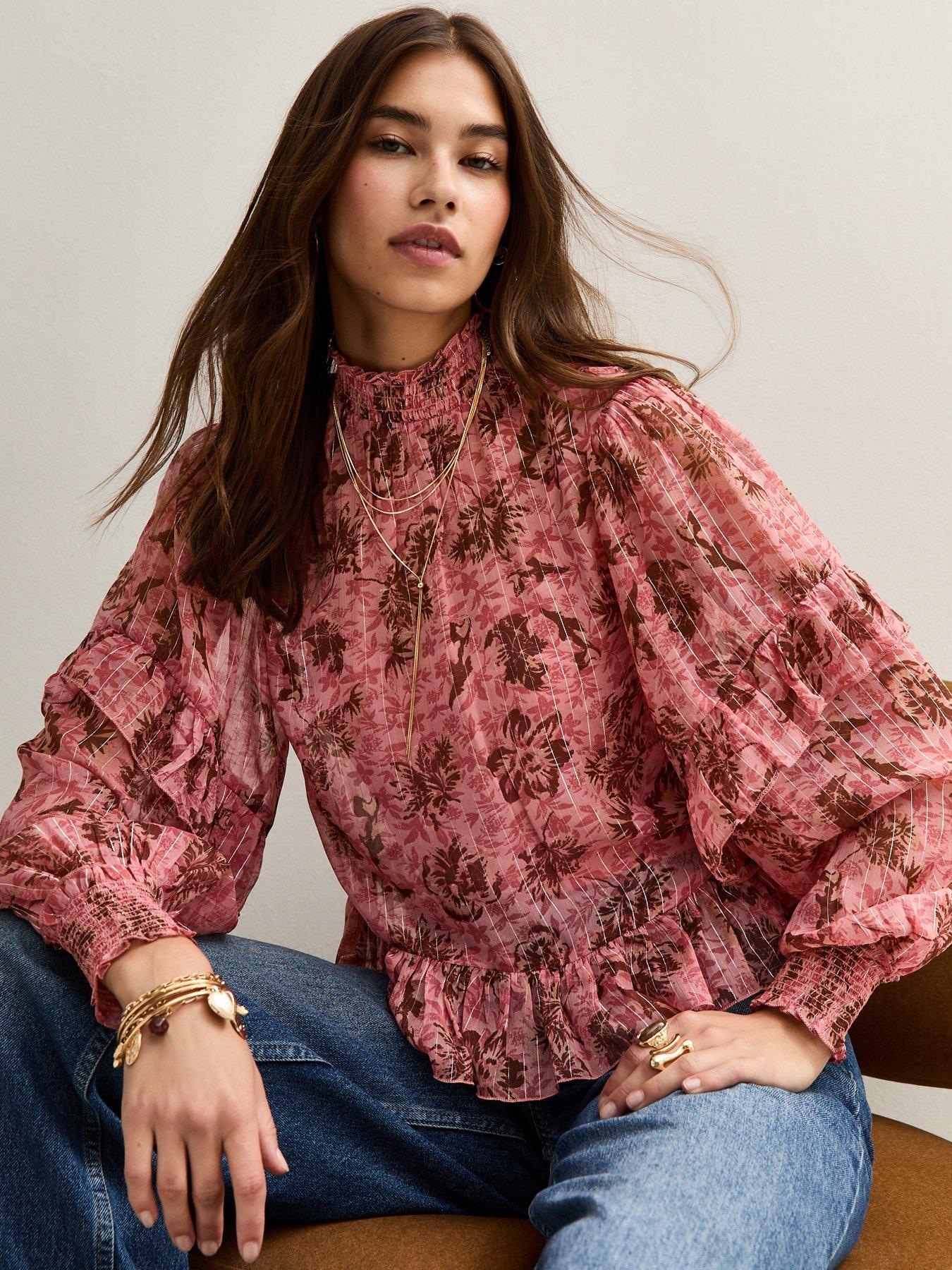 Image 1 of 5 of New Look Pink Floral Trim Ruffle Trimmed Blouse