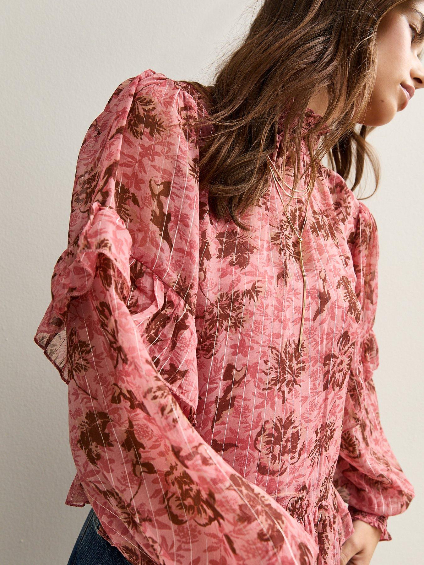 Image 4 of 5 of New Look Pink Floral Trim Ruffle Trimmed Blouse
