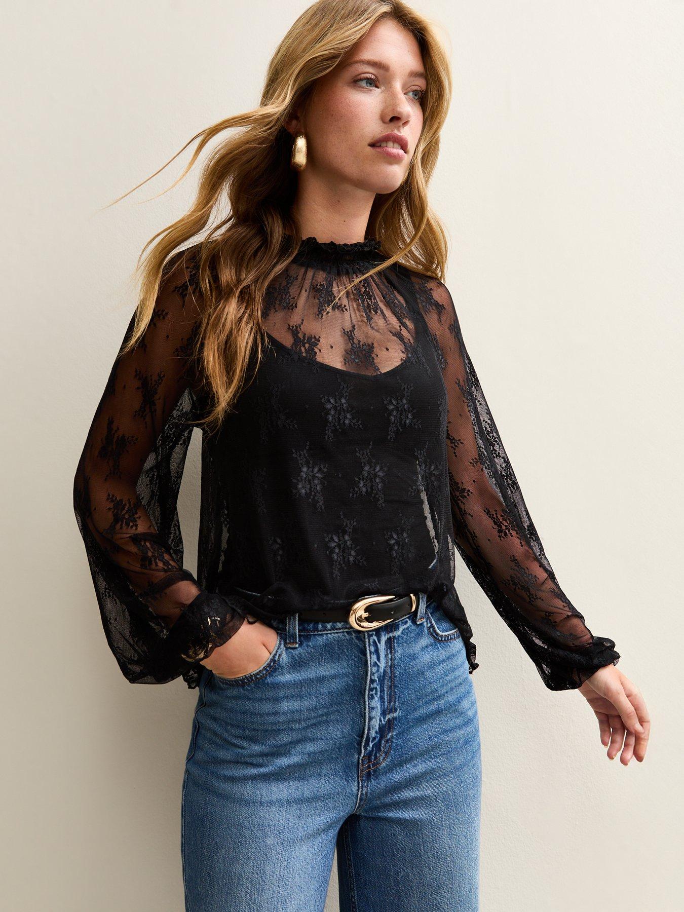 New Look Semi Sheer Shirred Lace High Neck Blouse - Black