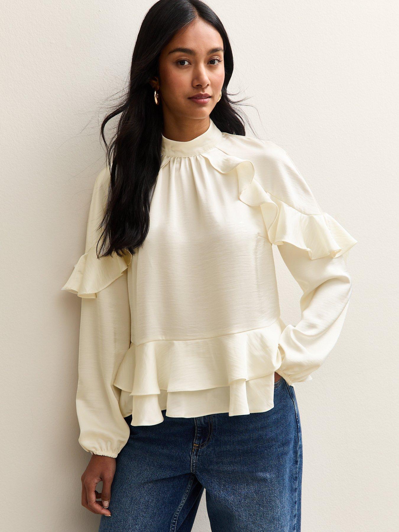 New Look Off White Satin Frill Raglan Blouse