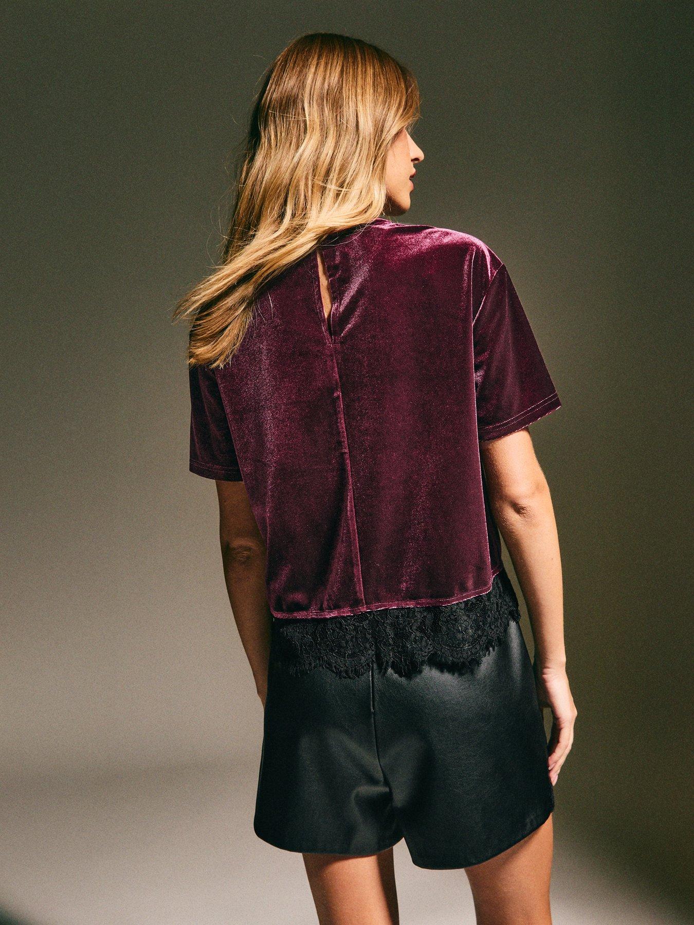  image of new-look-dark-burgundy-lace-trimmed-velvet-top