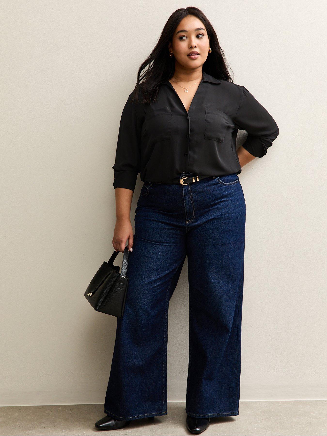  image of new-look-curves-front-pocket-v-neck-shirt-black