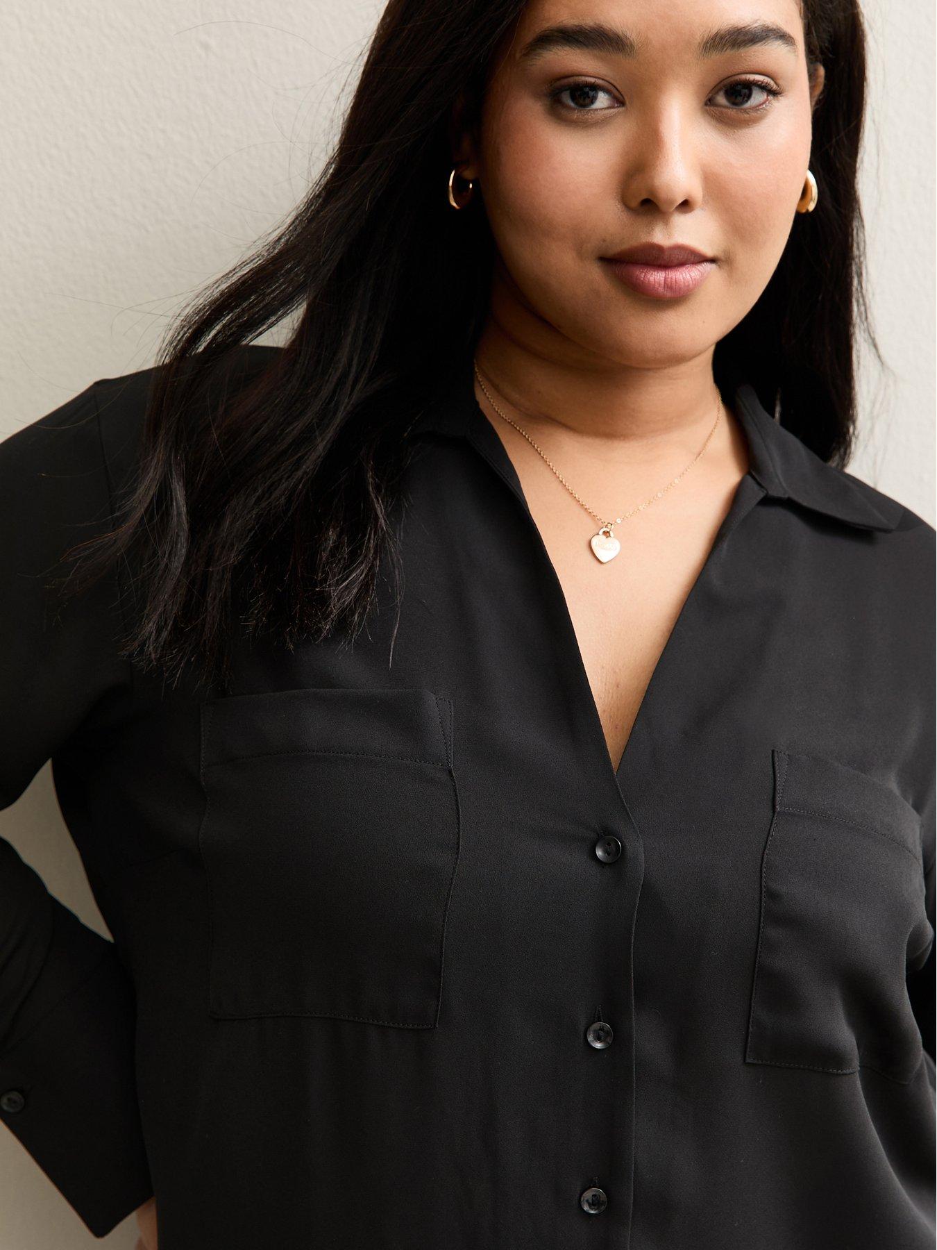  image of new-look-curves-front-pocket-v-neck-shirt-black