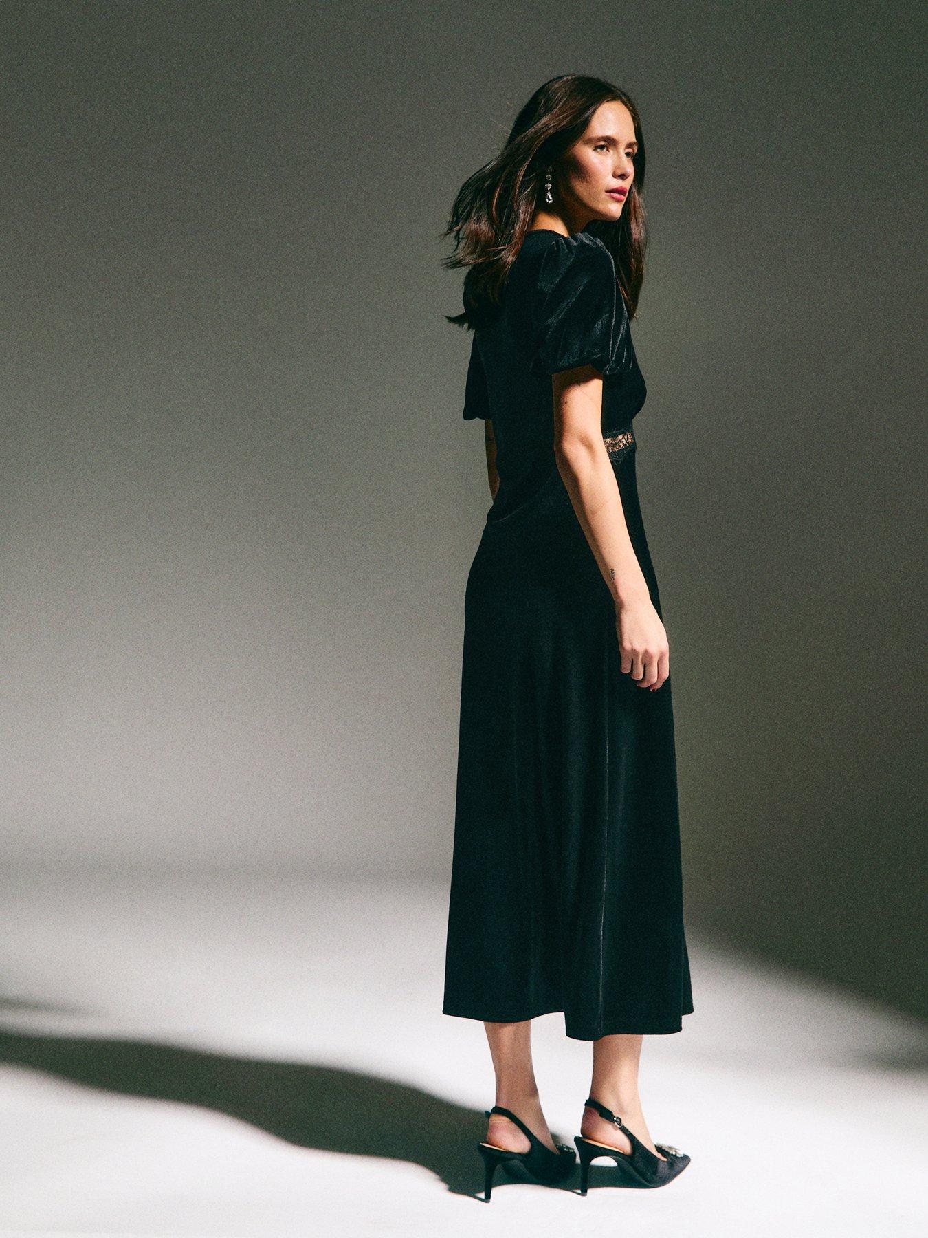 Image 2 of 4 of New Look Black Velvet Lace Insert Midi Dress