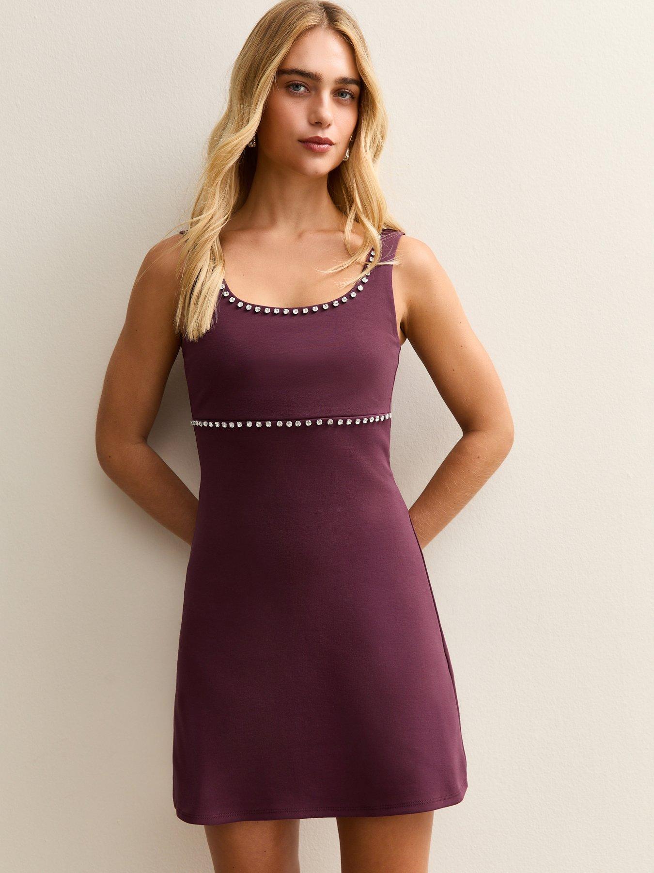 New Look Diamante Trim Scoop Neck Mini Dress - Dark Burgundy