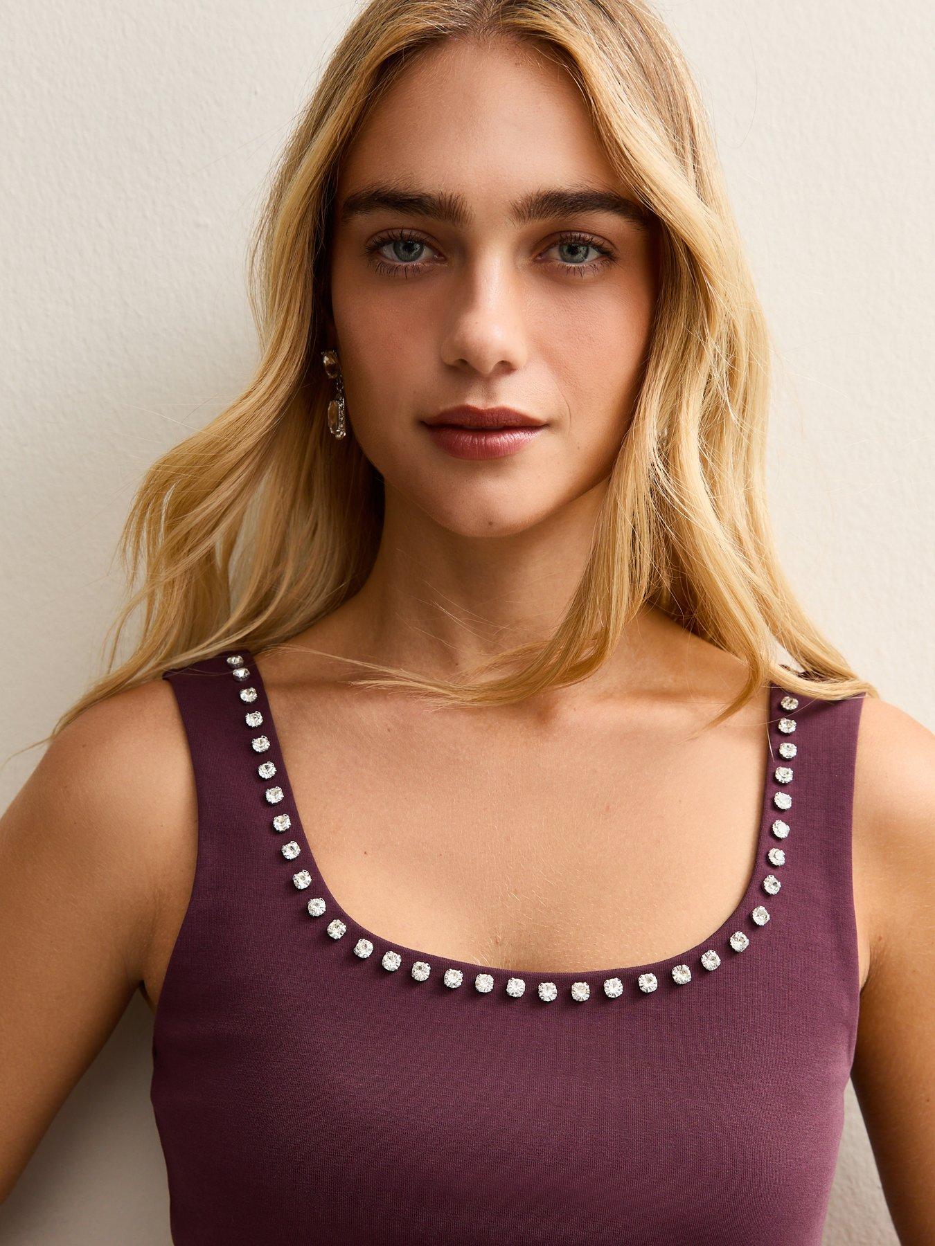  image of new-look-diamante-trim-scoop-neck-mini-dress-dark-burgundy