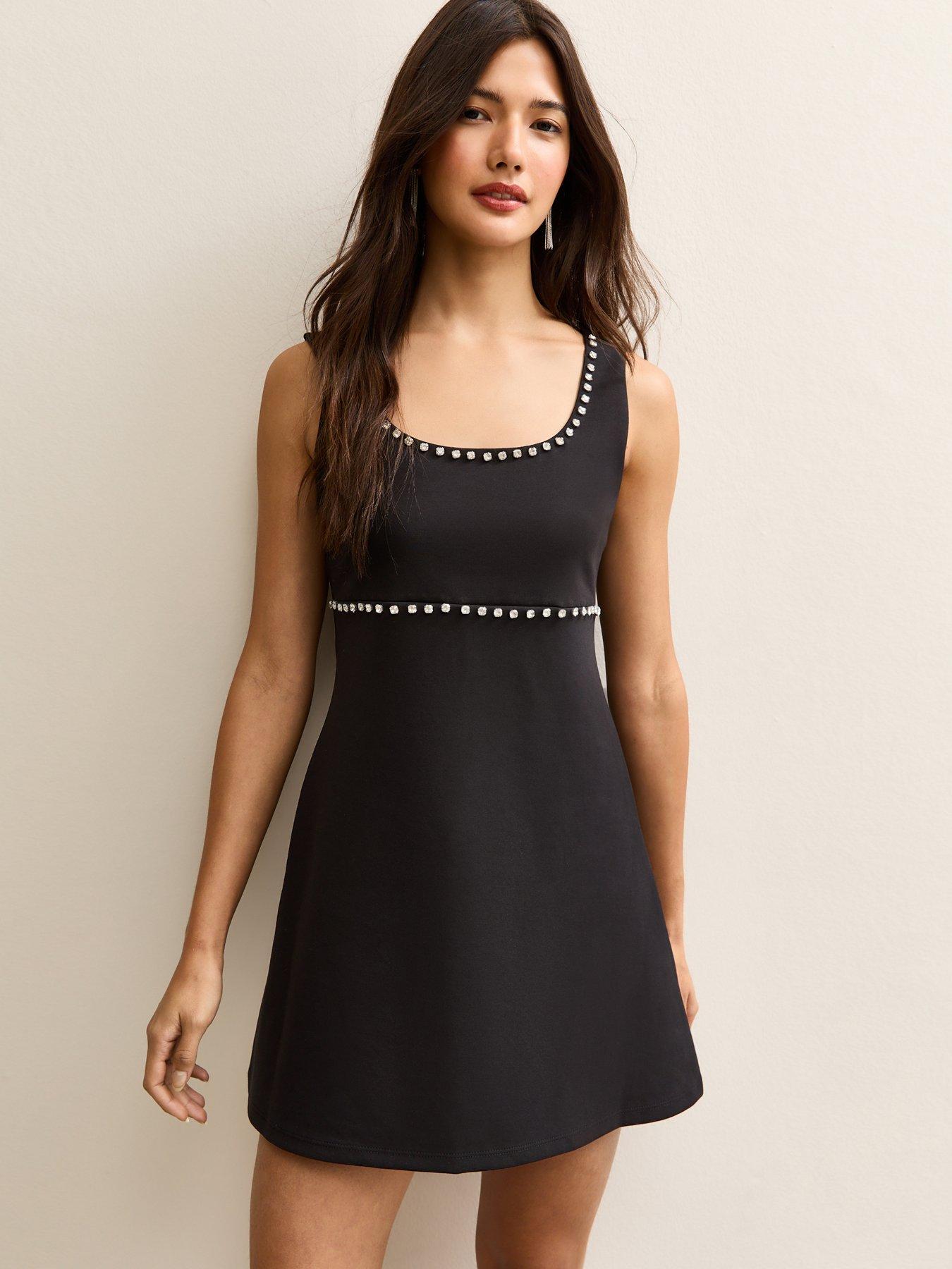New Look Black Diamante Trim Scoop Neck Mini Dress