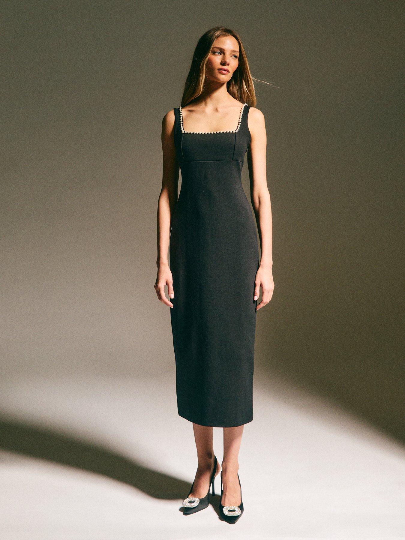 Image 1 of 5 of New Look Faux Pearl Embellished Square Neck Midi Dress - Black
