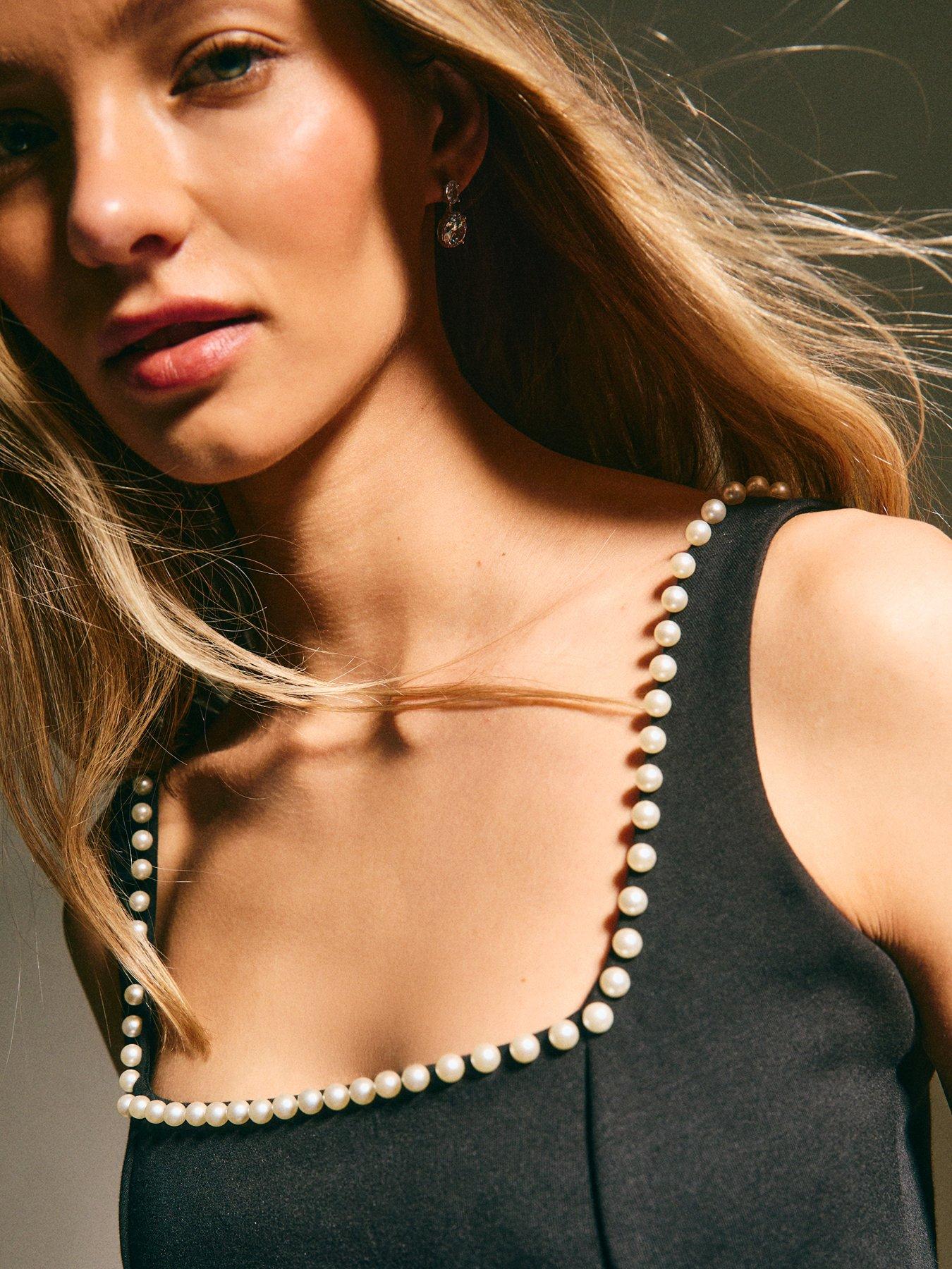 Image 4 of 5 of New Look Faux Pearl Embellished Square Neck Midi Dress - Black