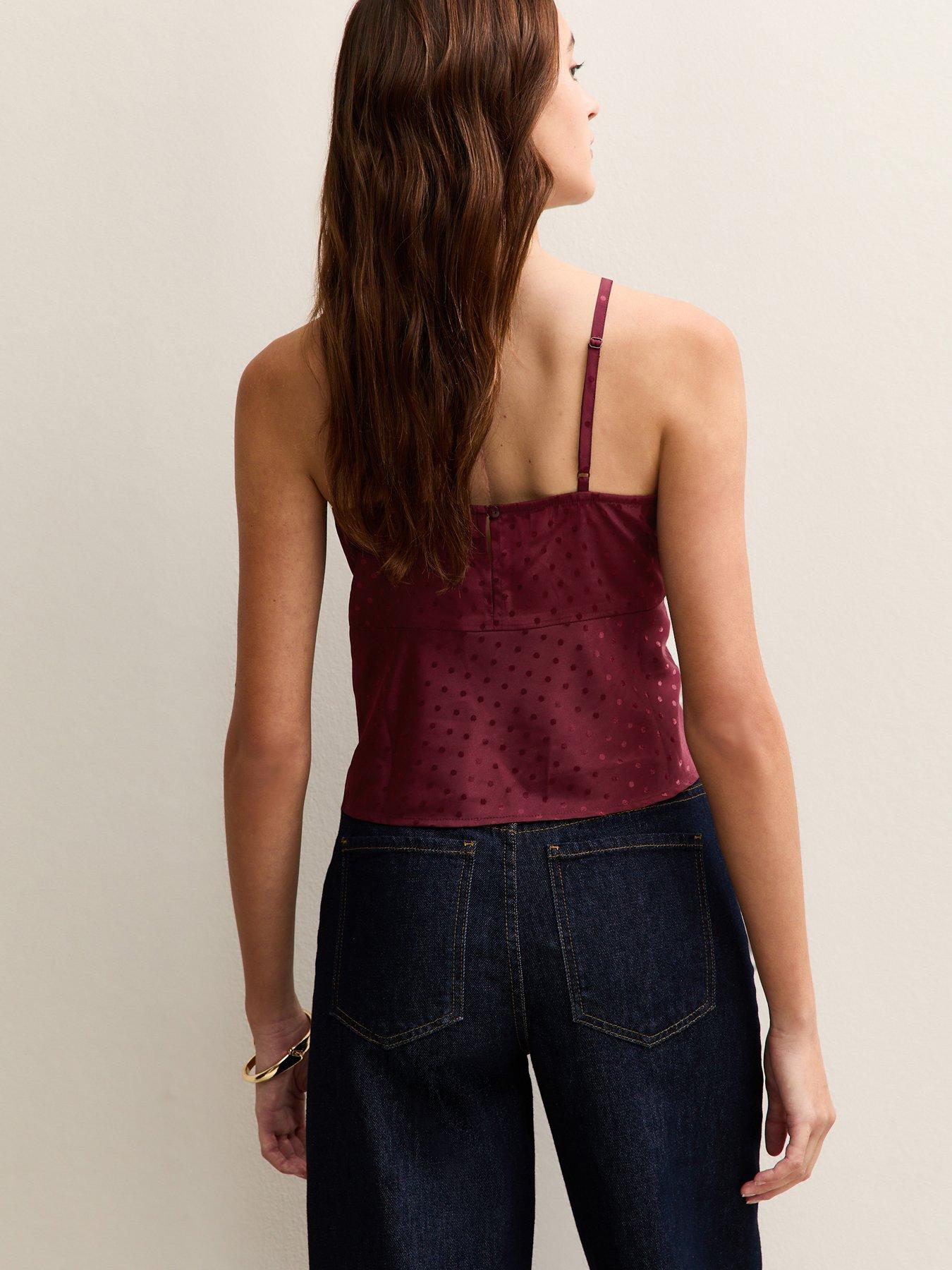 image of new-look-polka-dot-satin-lace-trim-cami-top-burgundy