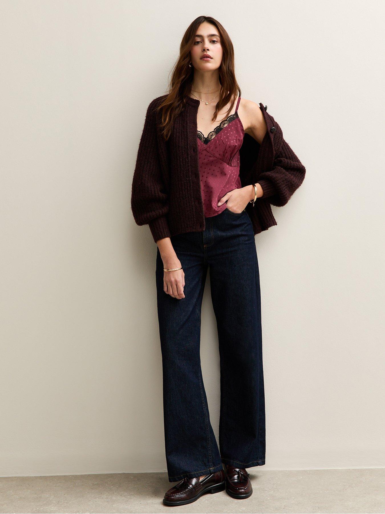  image of new-look-polka-dot-satin-lace-trim-cami-top-burgundy