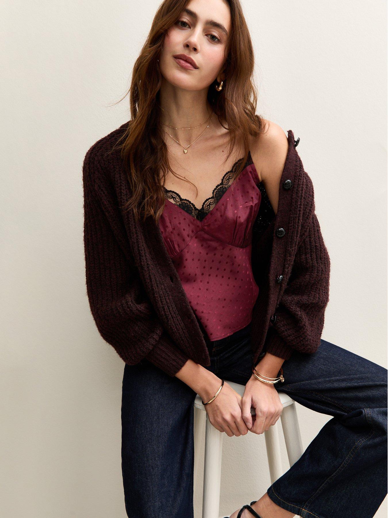  image of new-look-polka-dot-satin-lace-trim-cami-top-burgundy