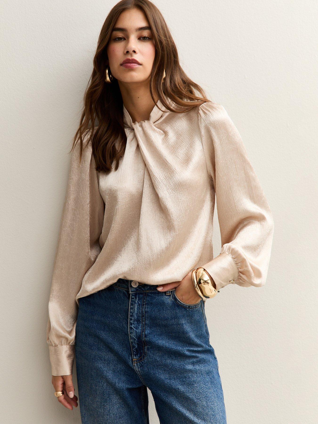 New Look Twist Neck Long Sleeve Textured Satin Blouse - Cream
