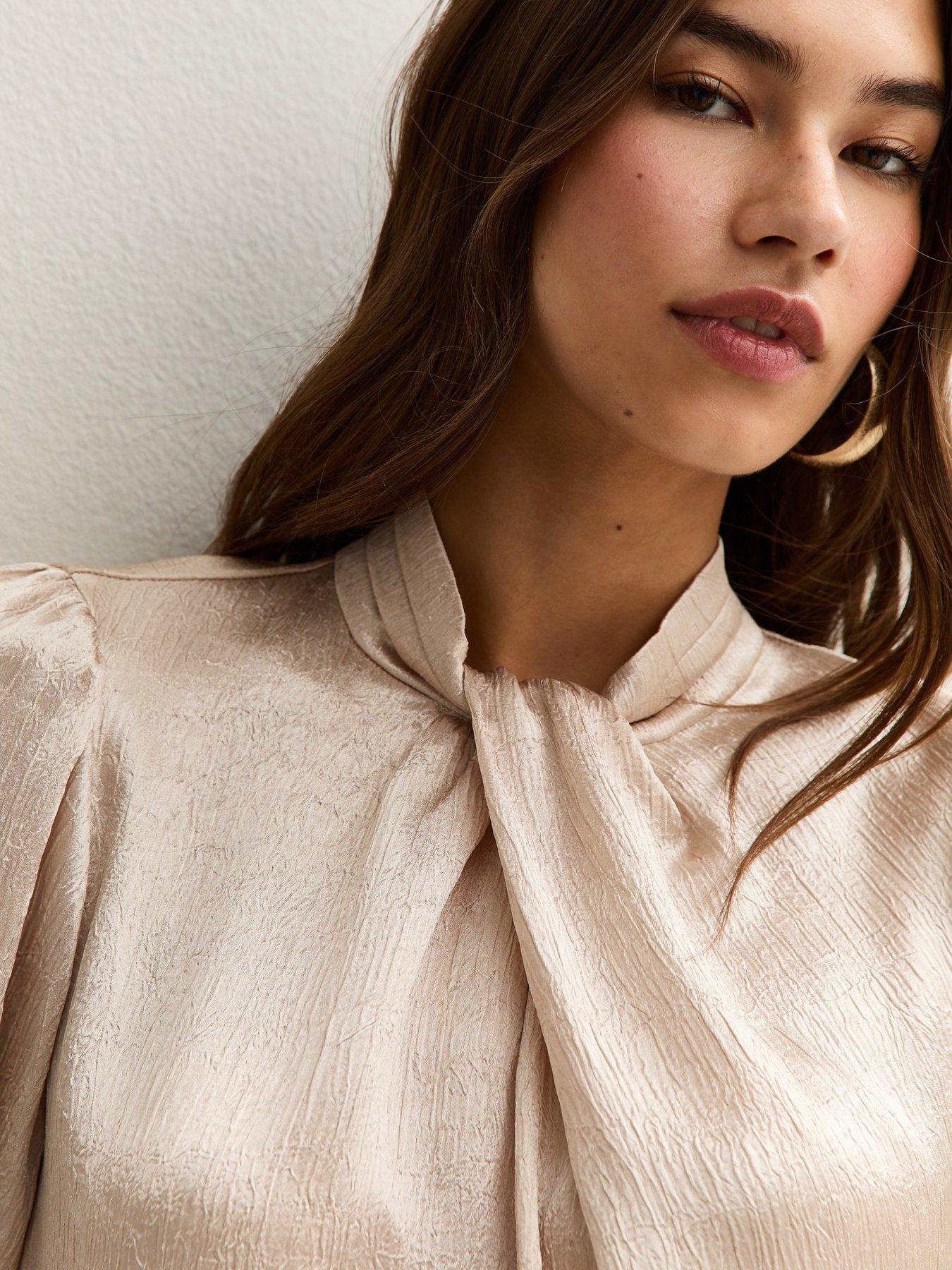  image of new-look-twist-neck-long-sleeve-textured-satin-blouse-cream