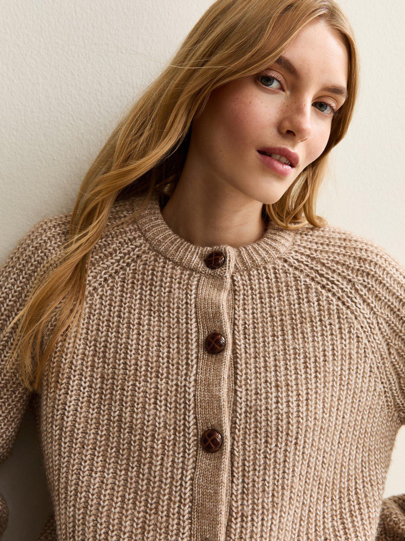  image of new-look-ribbed-knit-raglan-sleeve-cardigan-brown