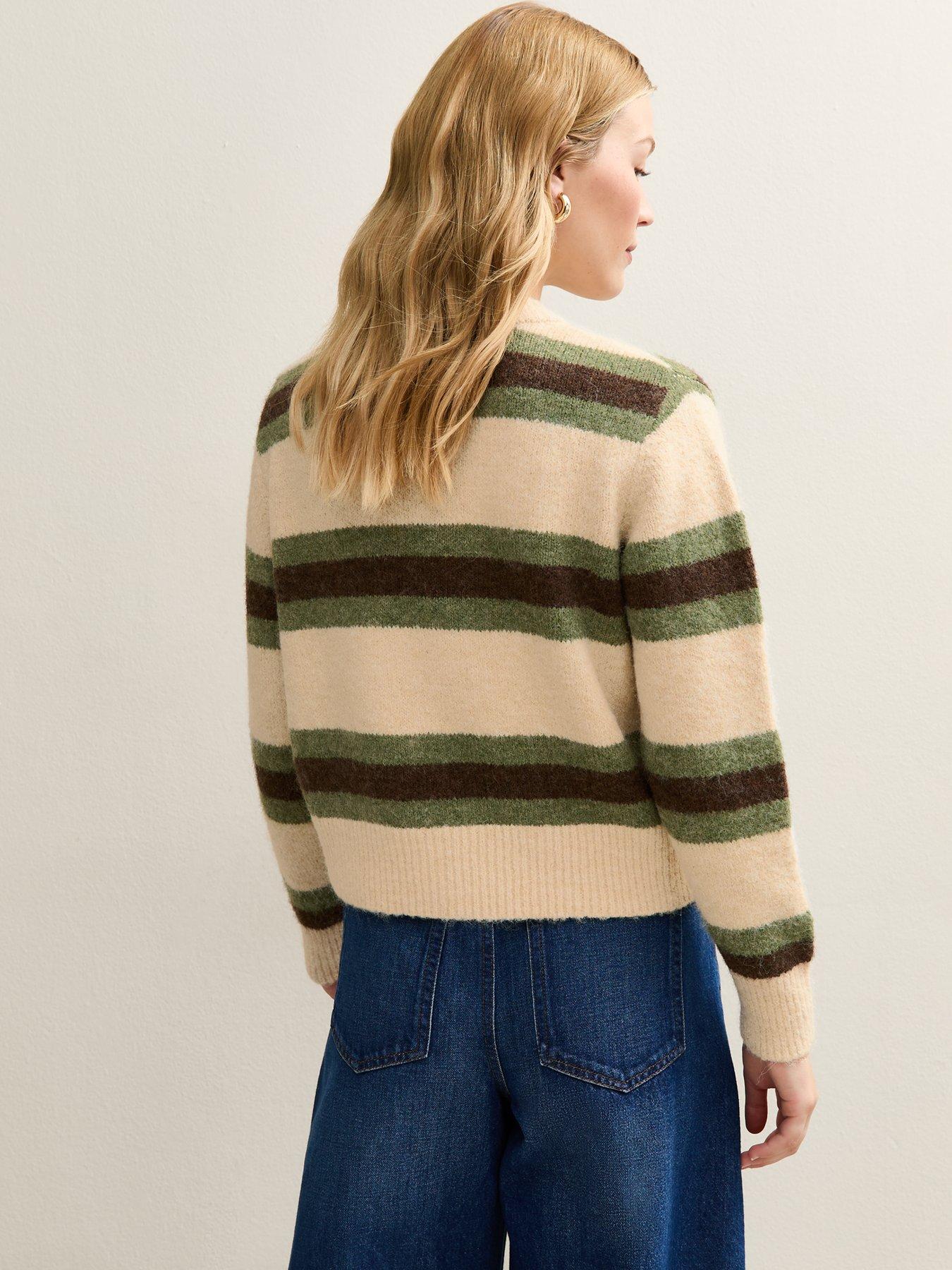  image of new-look-striped-long-sleeve-cardigan-beige