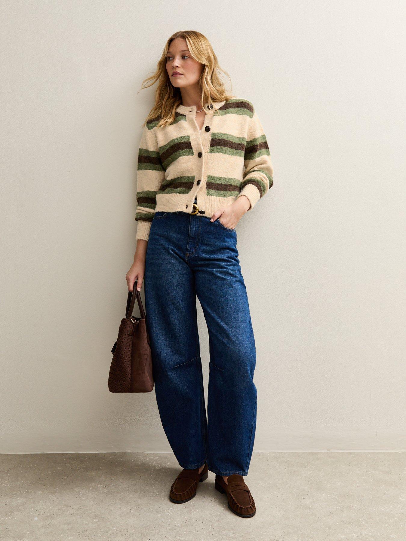  image of new-look-striped-long-sleeve-cardigan-beige