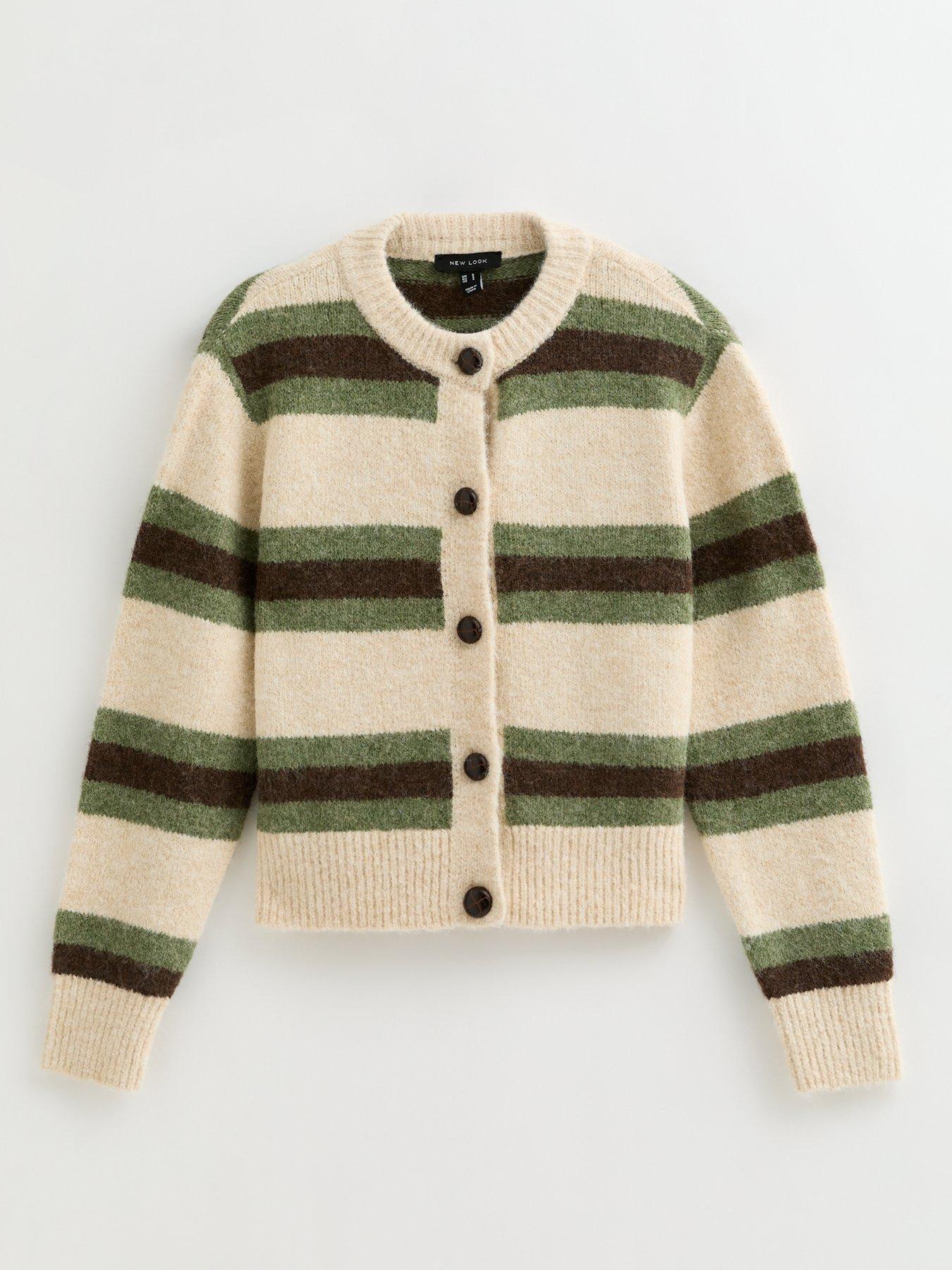  image of new-look-striped-long-sleeve-cardigan-beige