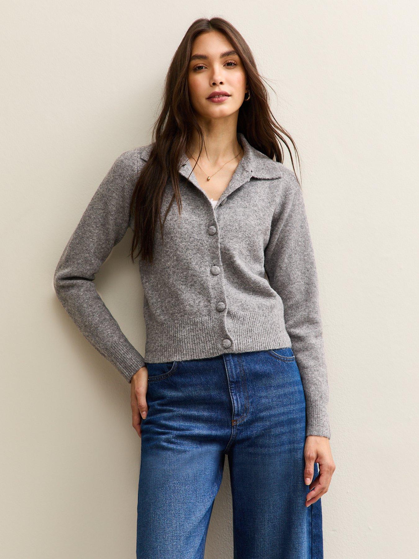 image of new-look-midweight-knit-collared-cardigan-grey