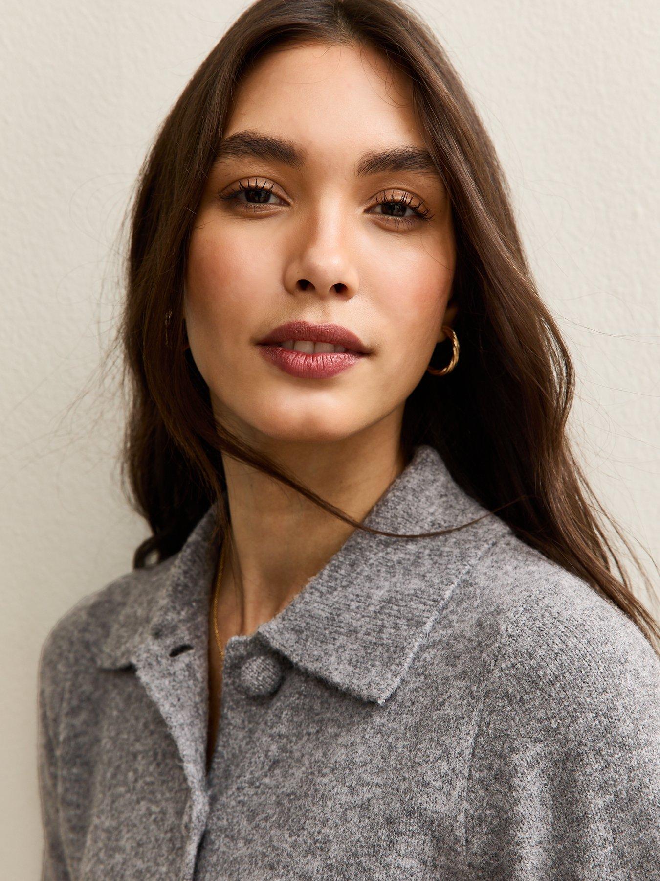  image of new-look-midweight-knit-collared-cardigan-grey