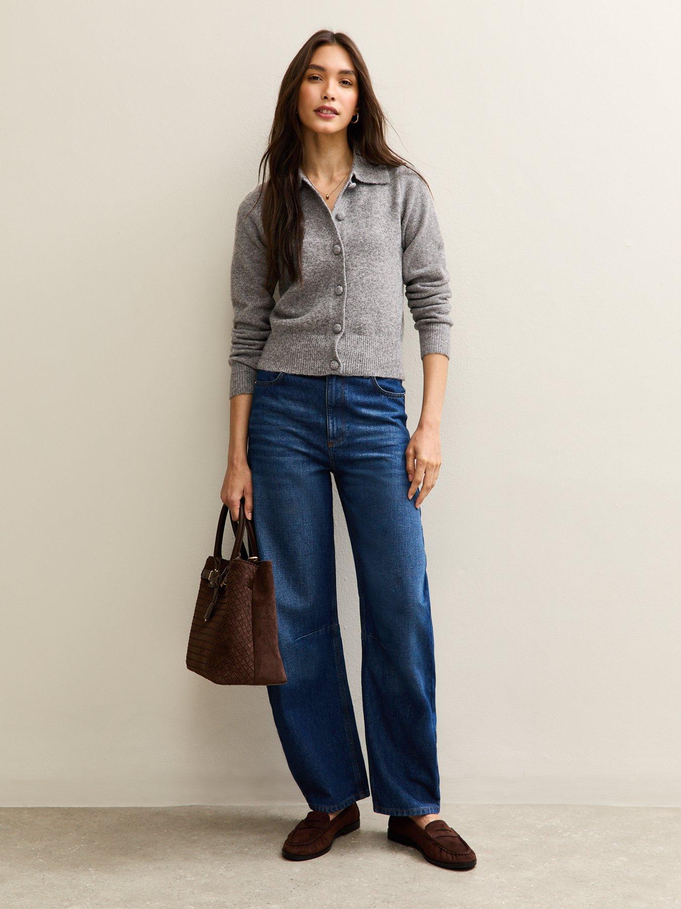  image of new-look-midweight-knit-collared-cardigan-grey