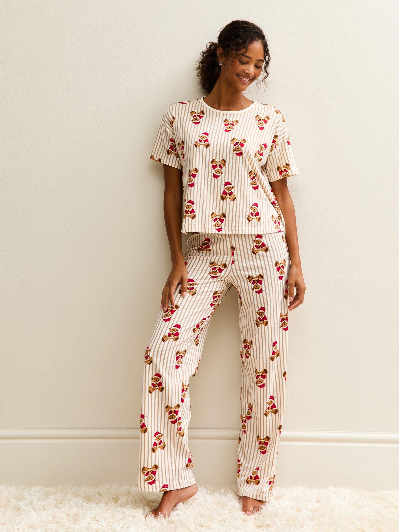  image of new-look-white-christmas-teddy-bear-print-striped-pyjama-set