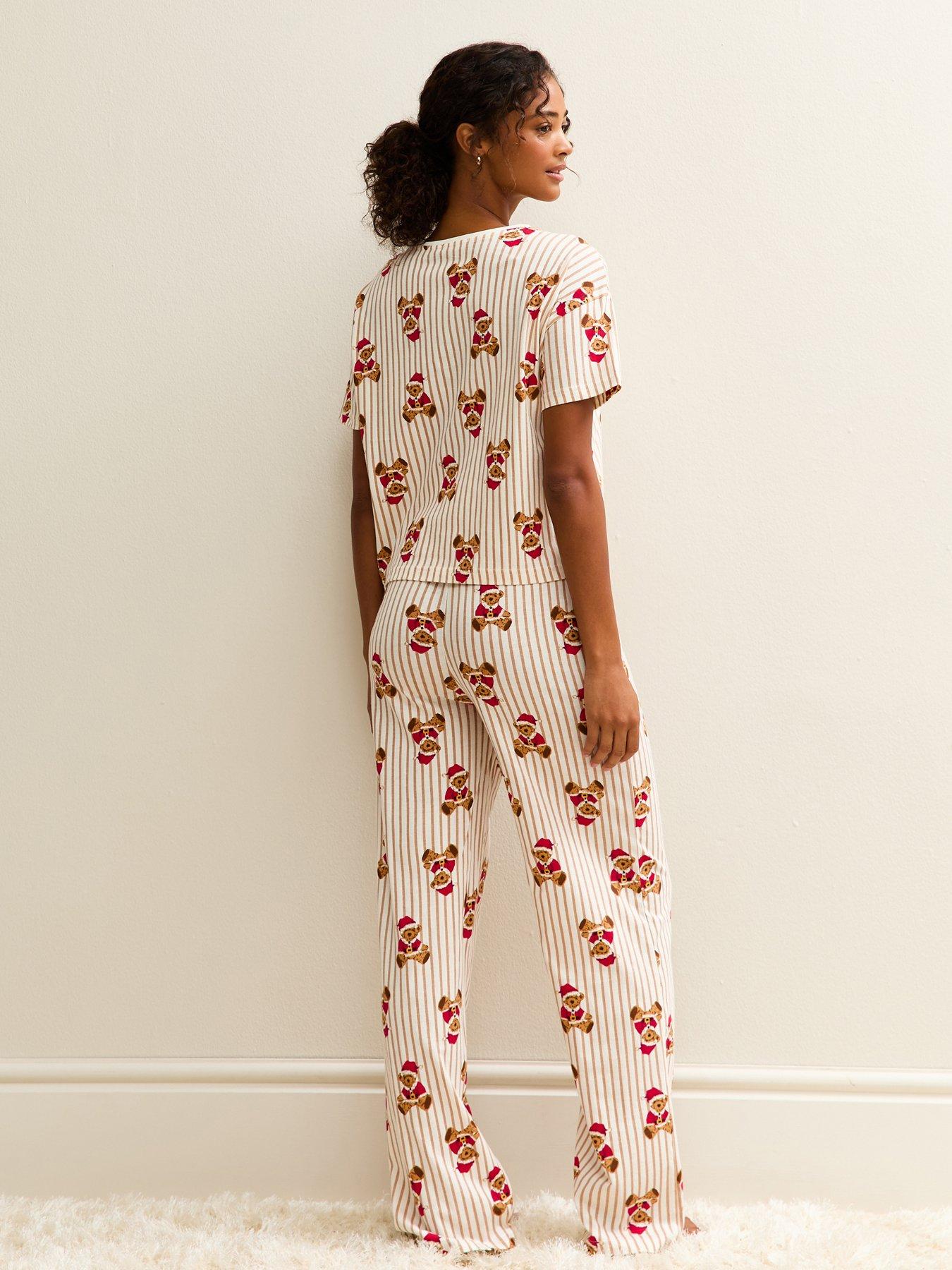  image of new-look-white-christmas-teddy-bear-print-striped-pyjama-set